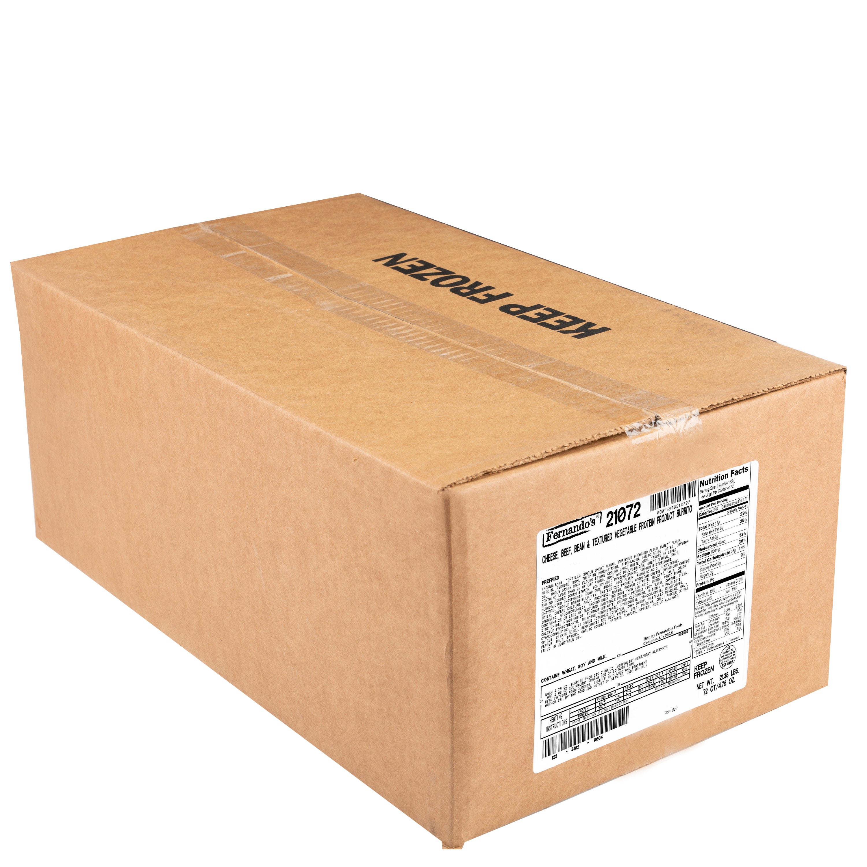Fernando's Whole Grain Rich Cheese Beef Bean & Textured Vegetable Protein Product Burrit 72 Each - 1 Per Case.