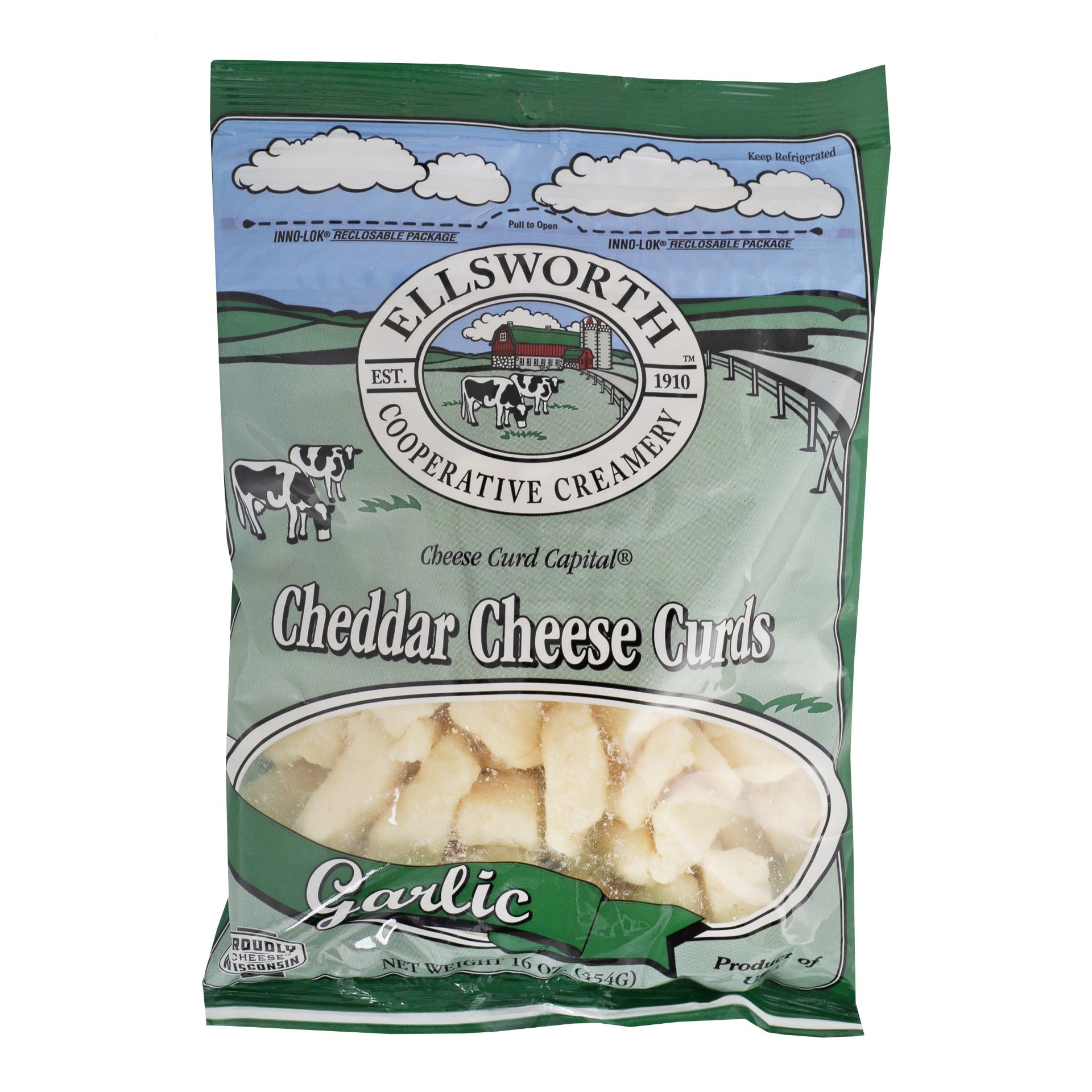 Ellsworth Garlic Cheddar Cheese Curds 16 Ounce Size - 8 Per Case.