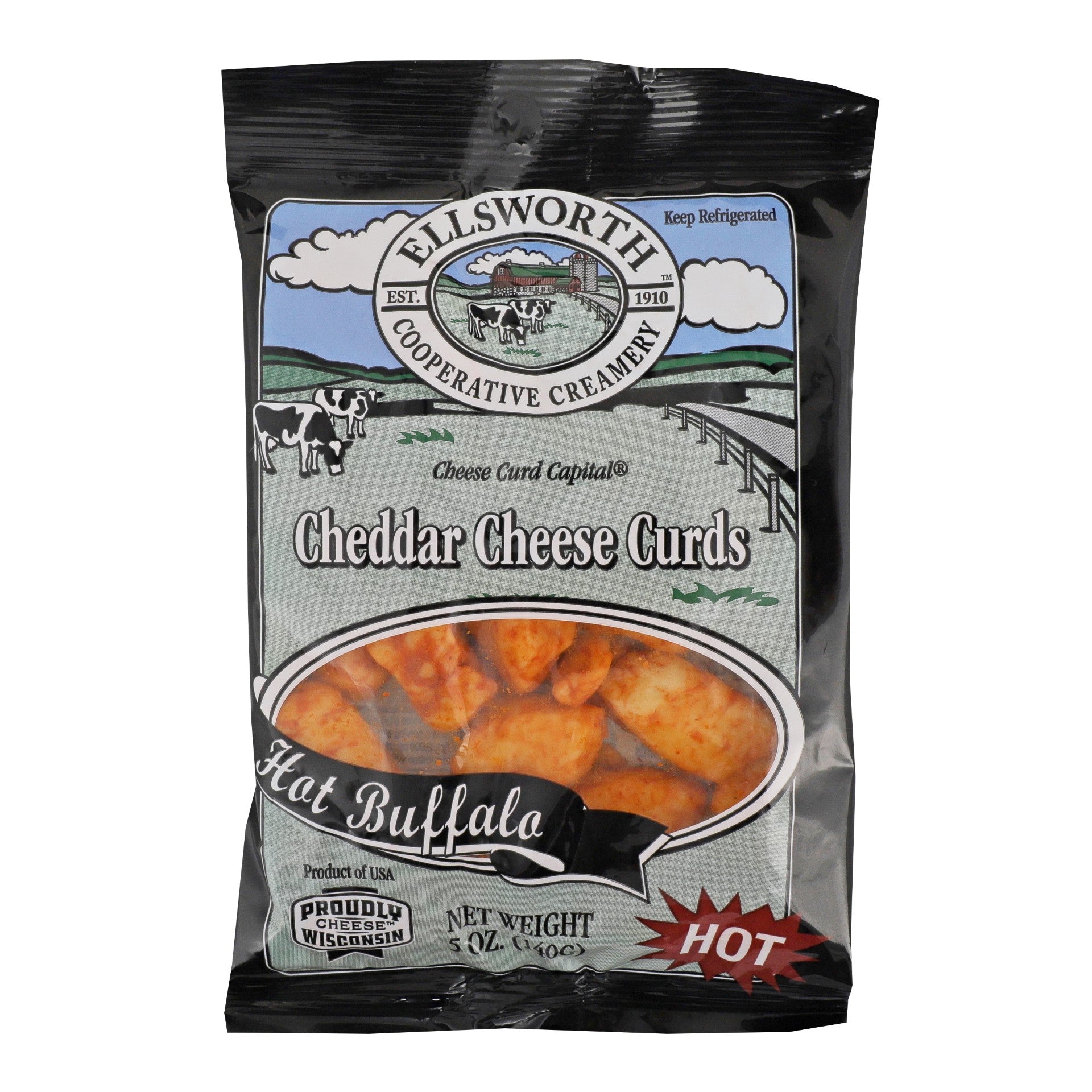 Ellsworth Cheese Curds Hot Buffalo 5 Ounce Size - 12 Per Case.