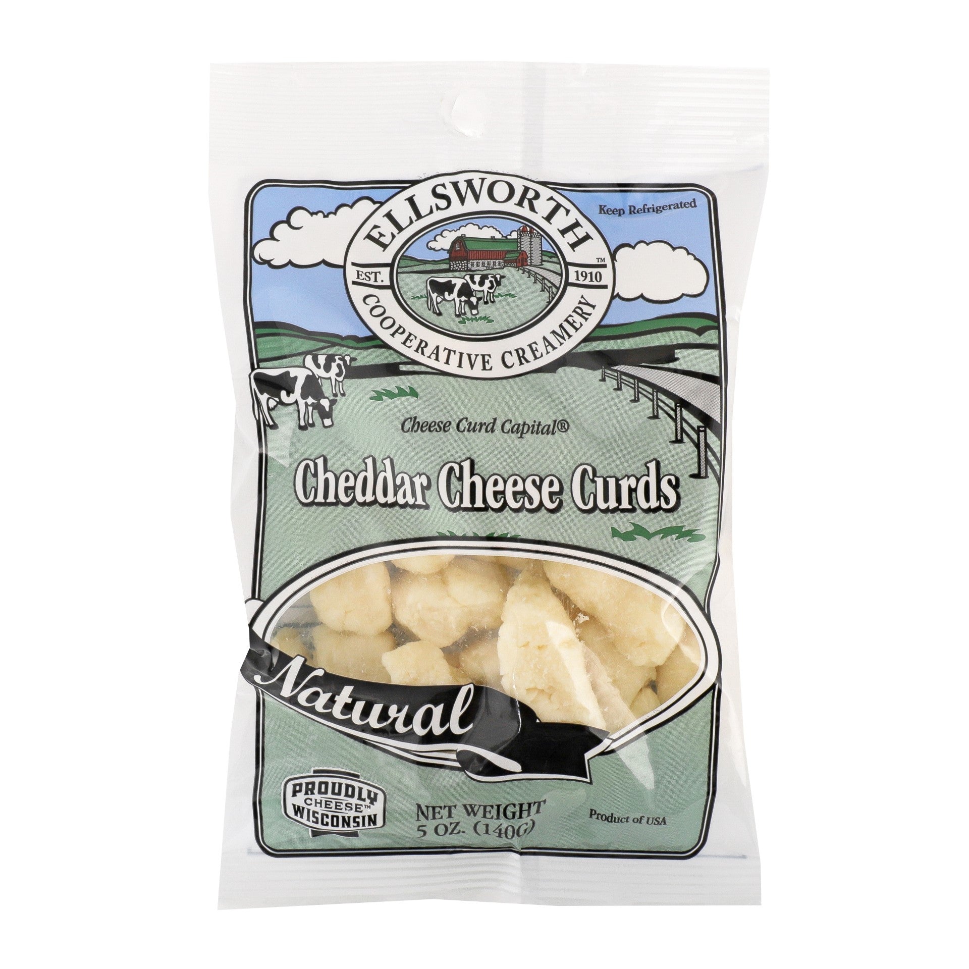 Ellsworth Natural White Cheddar Cheese Curds 5 Ounce Size - 12 Per Case.