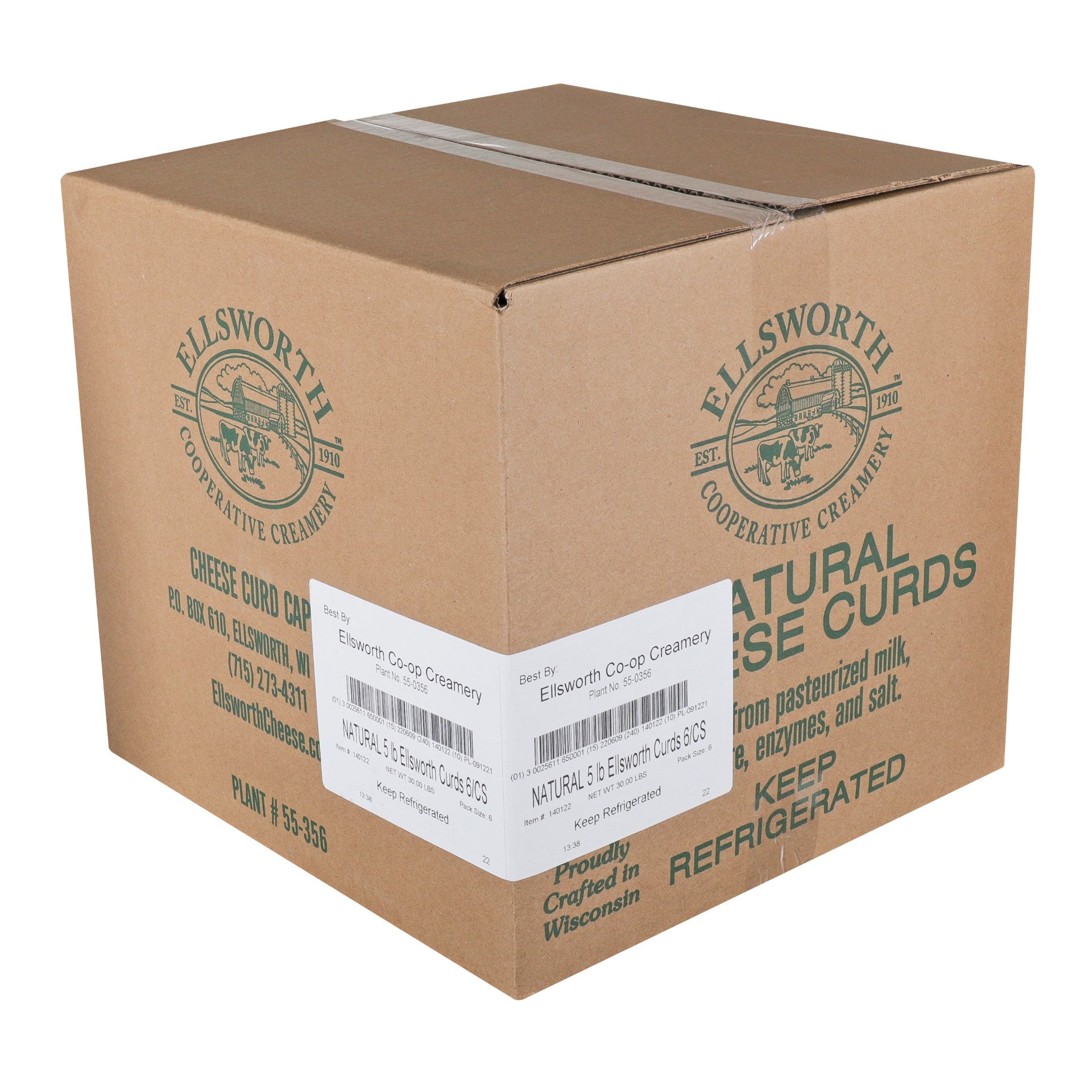 Ellsworth Natural White Cheddar Cheese Curds 5 Pound Each - 6 Per Case.