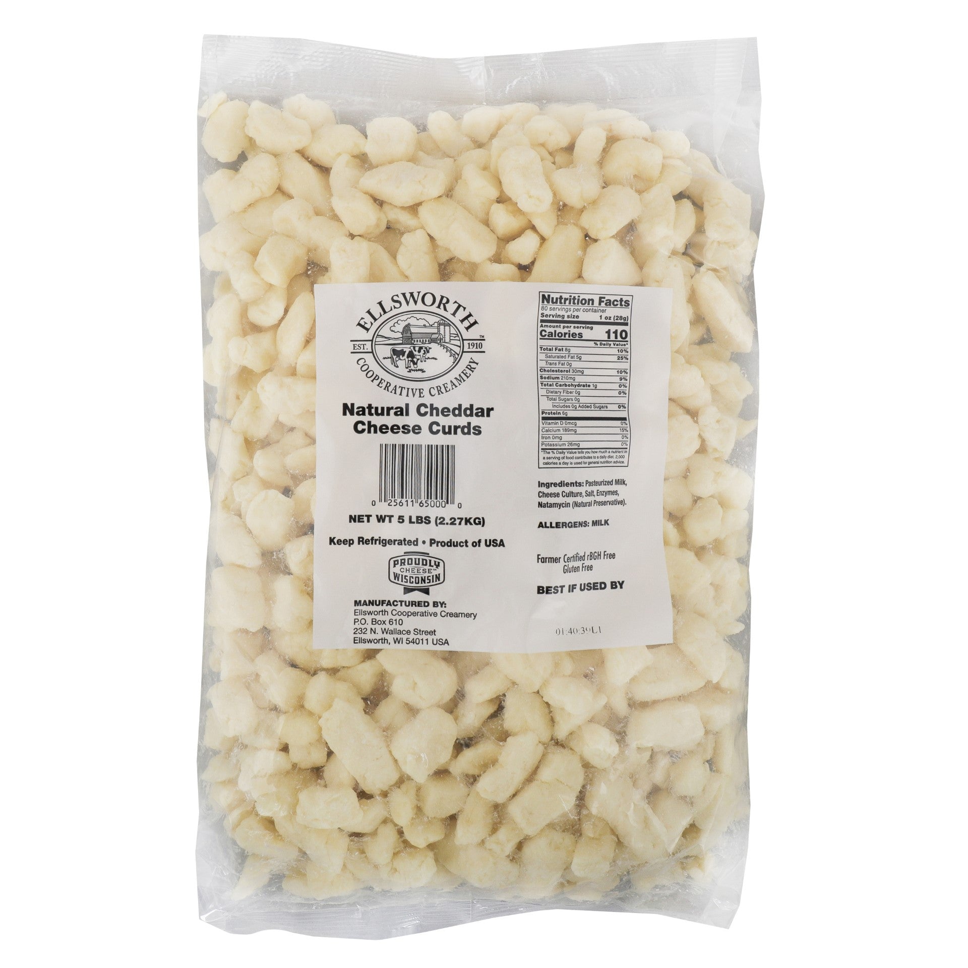 Ellsworth Natural White Cheddar Cheese Curds 5 Pound Each - 6 Per Case.