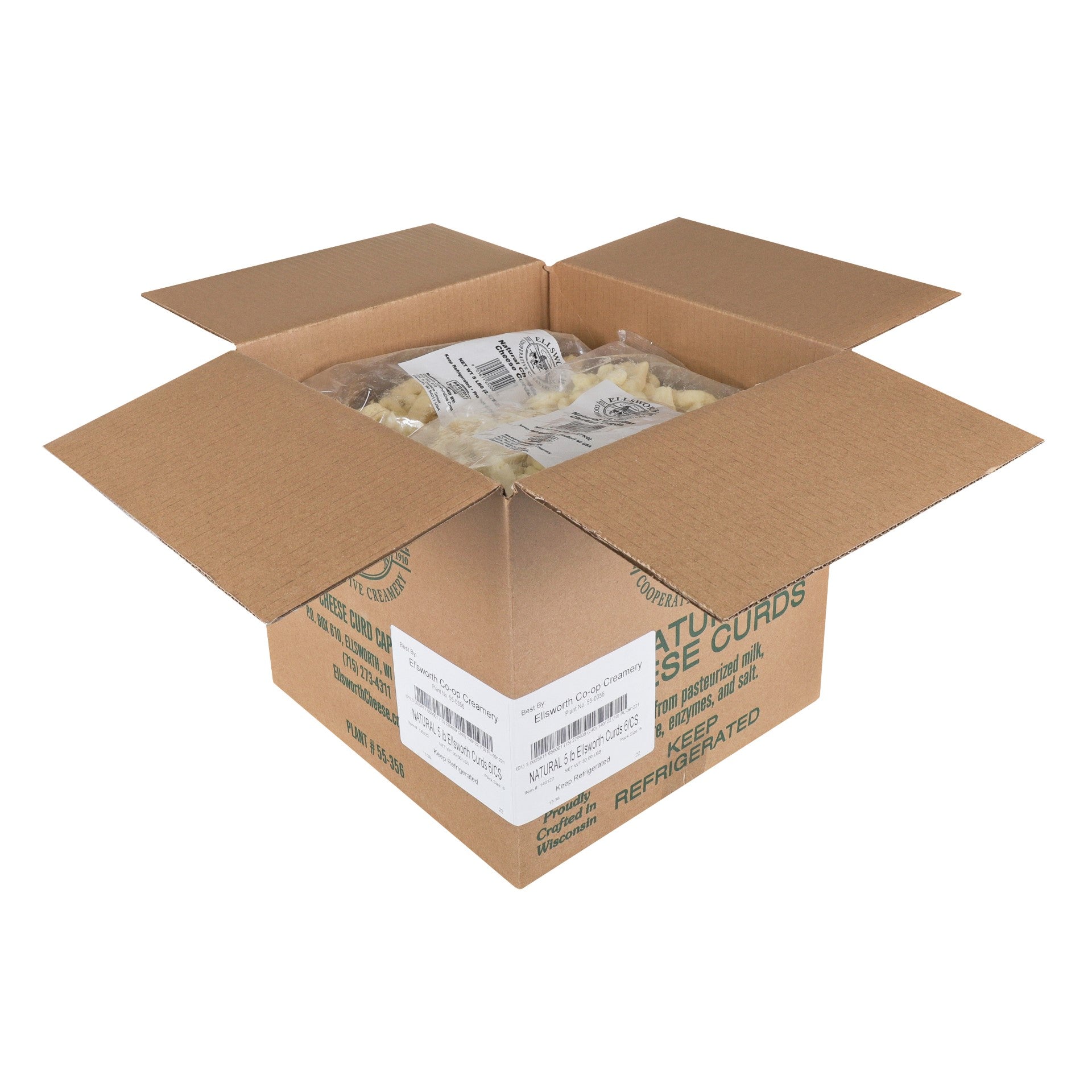 Ellsworth Natural White Cheddar Cheese Curds 5 Pound Each - 6 Per Case.