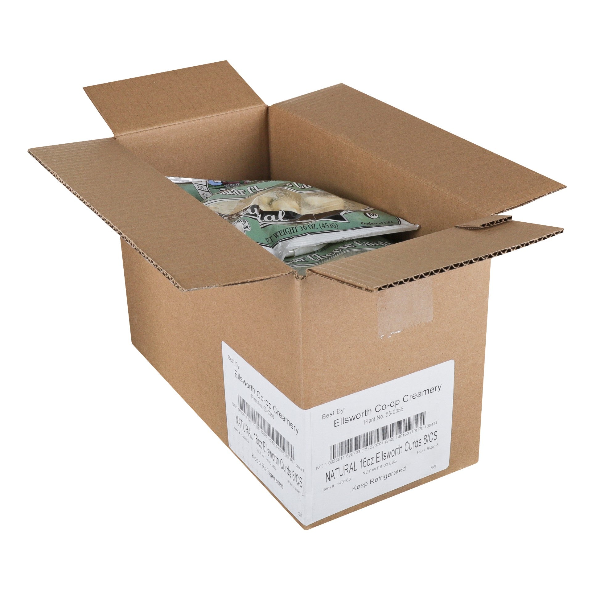 Ellsworth White Cheddar Cheese Curd 16 Ounce Size - 8 Per Case.