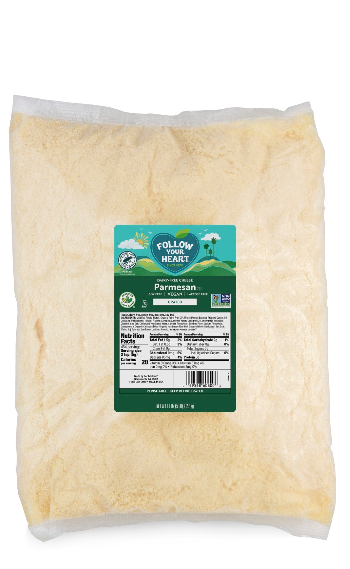 Dairy Free Parmesan Grated Vegan Cheese Alternative 5 Pound Each - 3 Per Case.