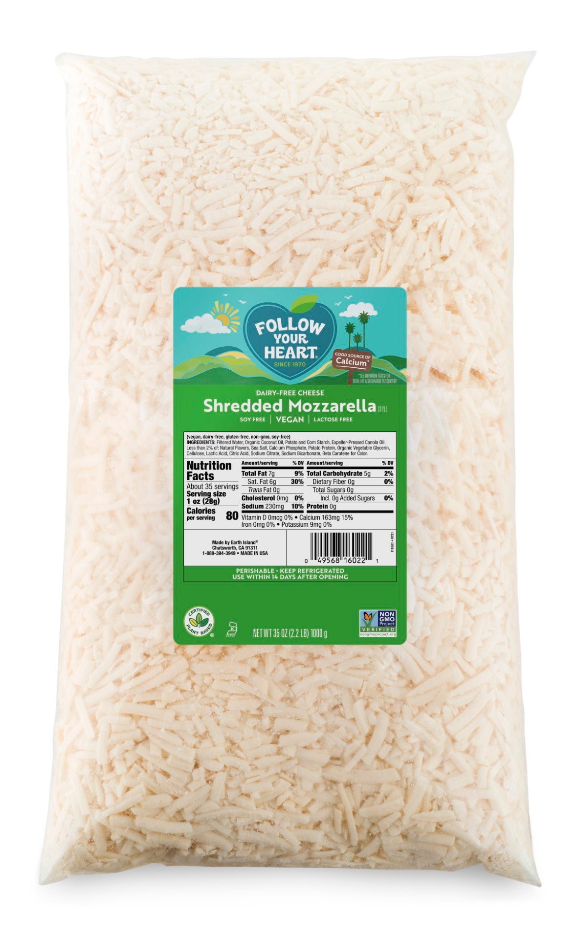Dairy Free Cheese Mozzarella Style Shredded 2.2 Pound Each - 6 Per Case.