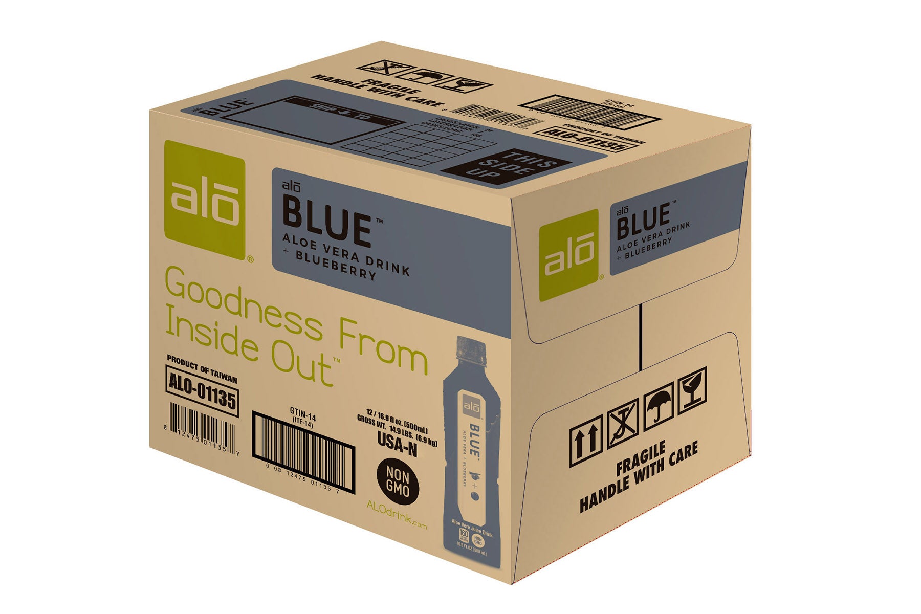 Alo Drink Blue Aloe Vera Plus Blueberry 16.9 Ounce Size - 12 Per Case.