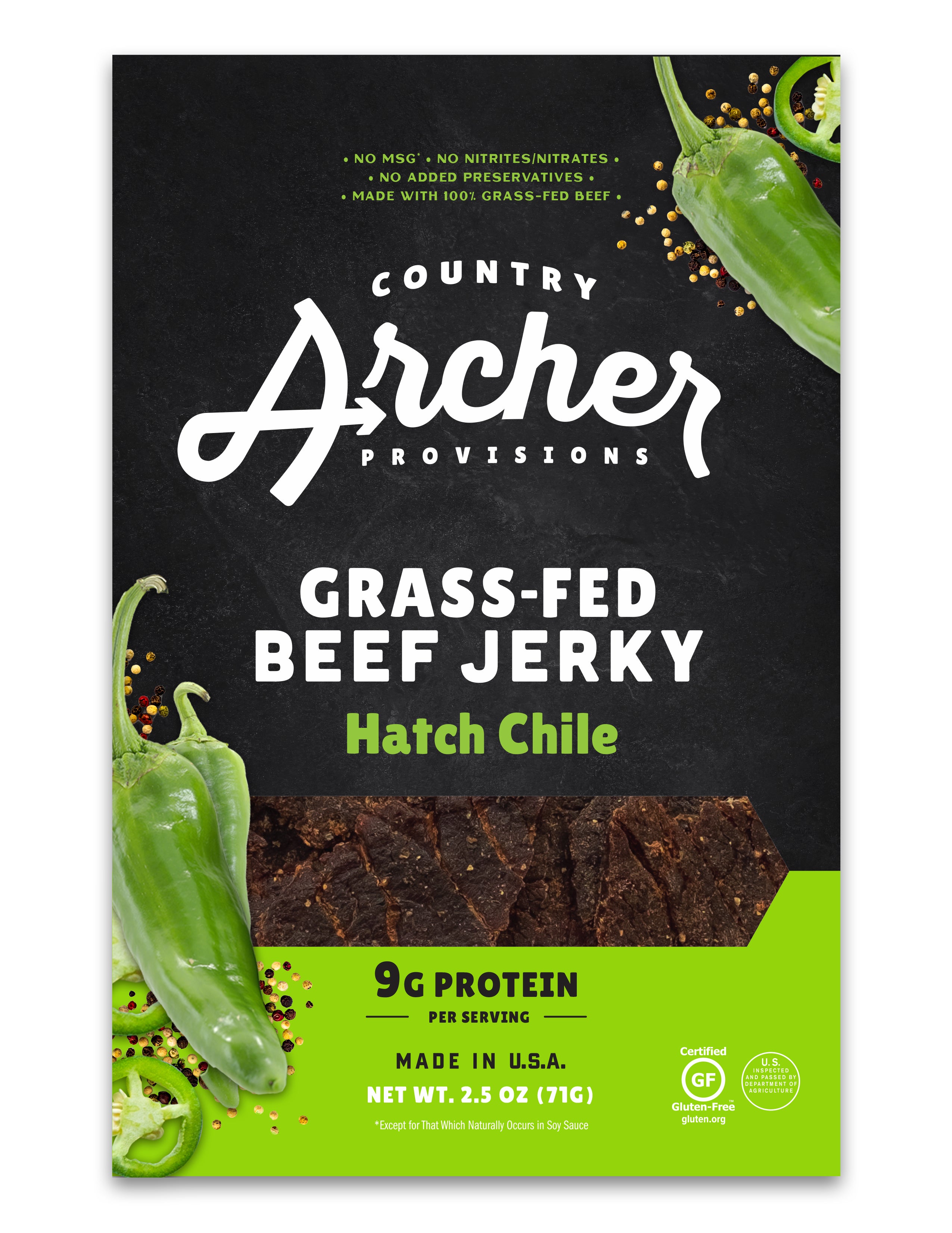 Country Archer Jerky Co Hatch Chile Beef Jerky 2.5 Ounce Size - 12 Per Case.