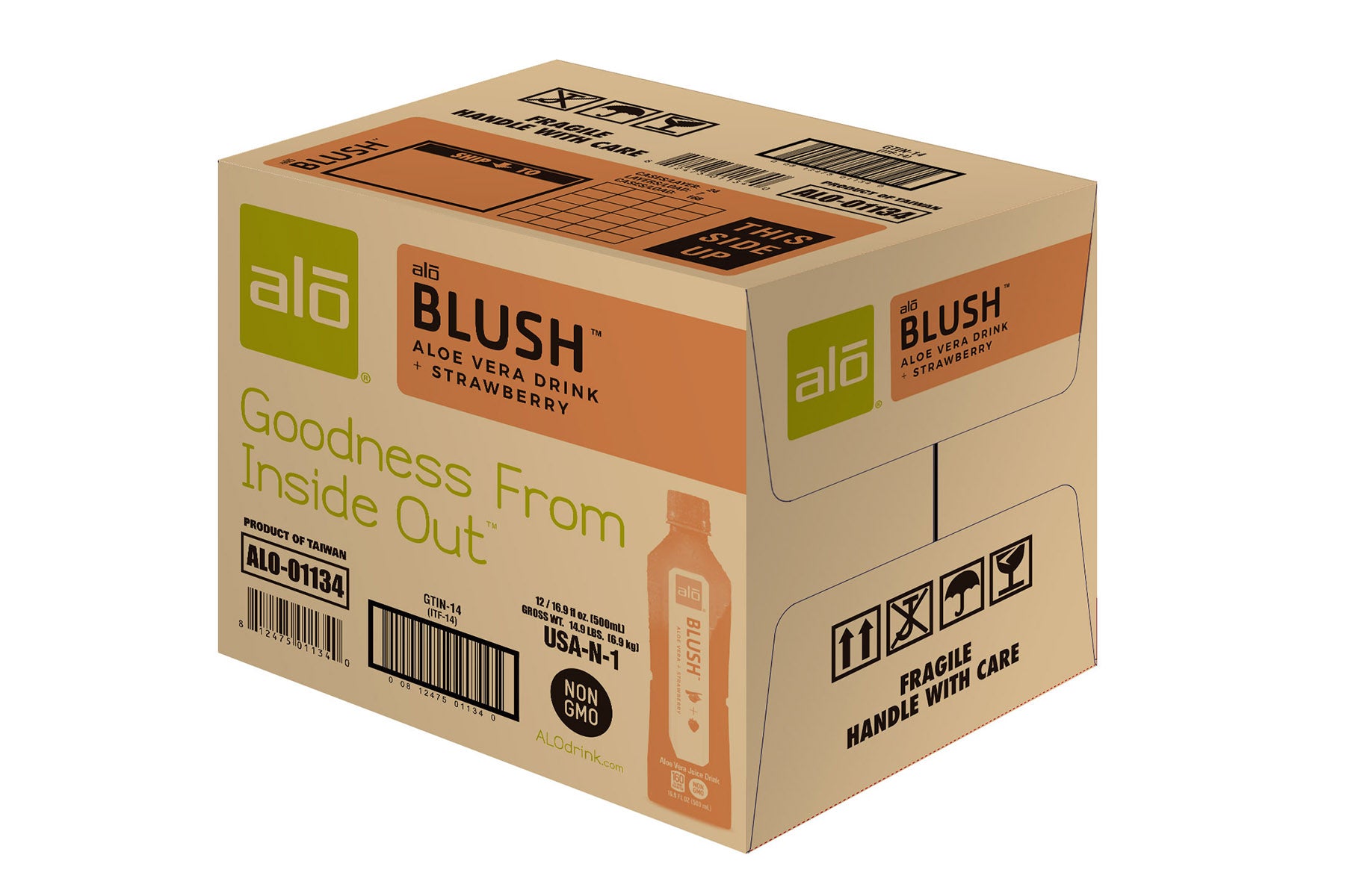 Alo Drink Blush Aloe Vera Plus Strawberry 16.9 Ounce Size - 12 Per Case.