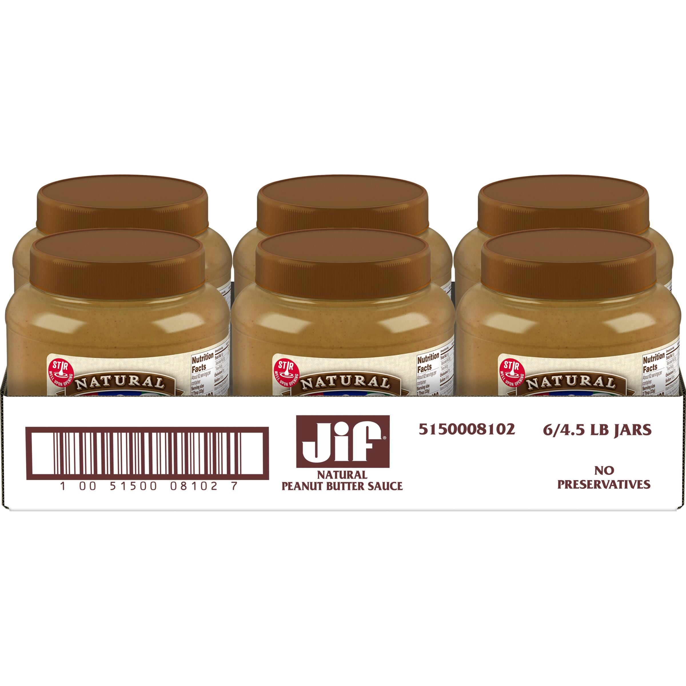 Jif Pounds Natural Peanut Butter Sauce 4.5 Pound Each - 6 Per Case.