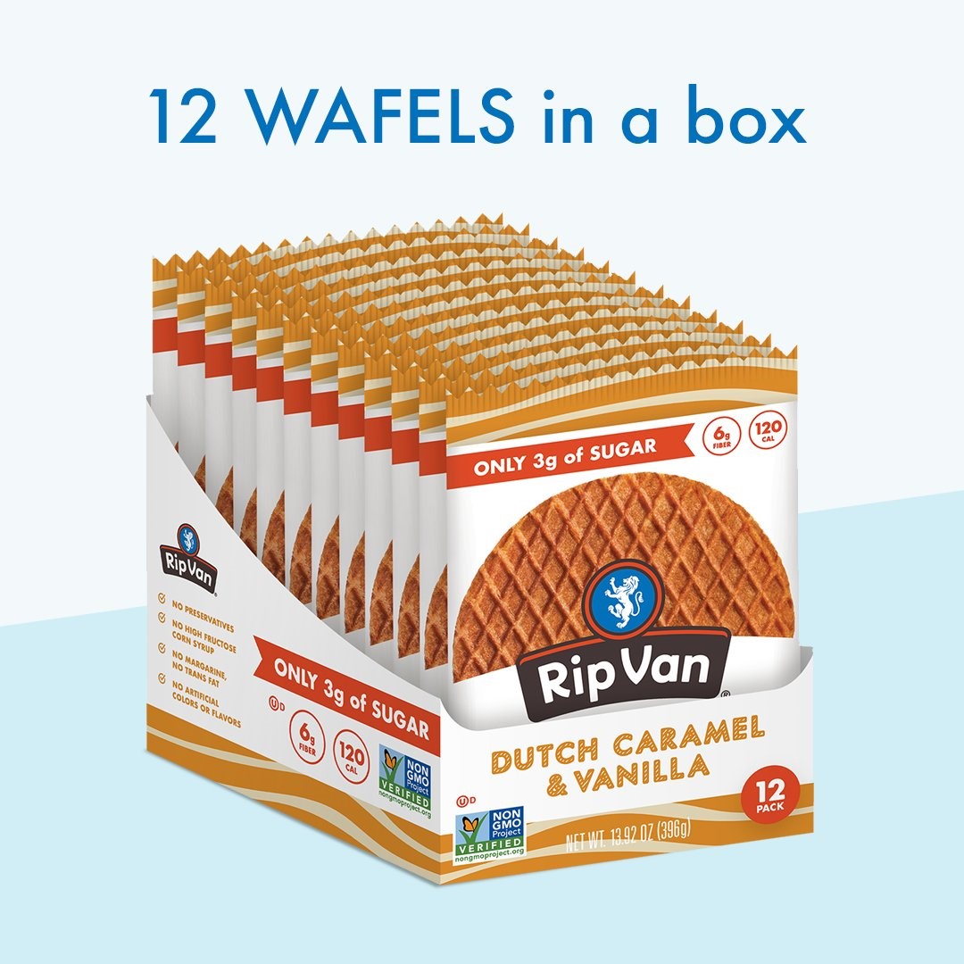Rip Van Wafels Low Sugar Dutch Caramel & Vanilla Singles 1.16 Ounce Size - 48 Per Case.