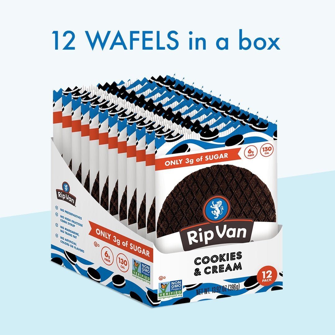 Rip Van Wafels Low Sugar Cookies & Creme 1.16 Ounce Size - 48 Per Case.