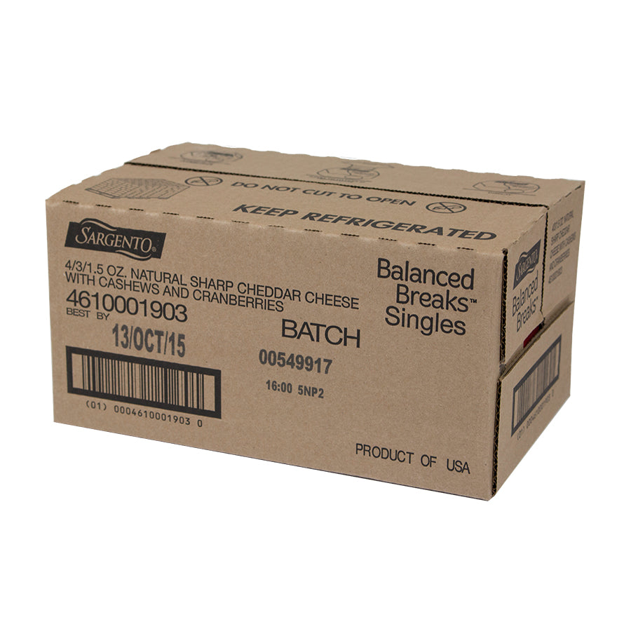 Sargento Balanced Breaks Single Natural Sharp Cheddar Wcashews And Cranberries 1.5 Ounce Size - 12 Per Case.