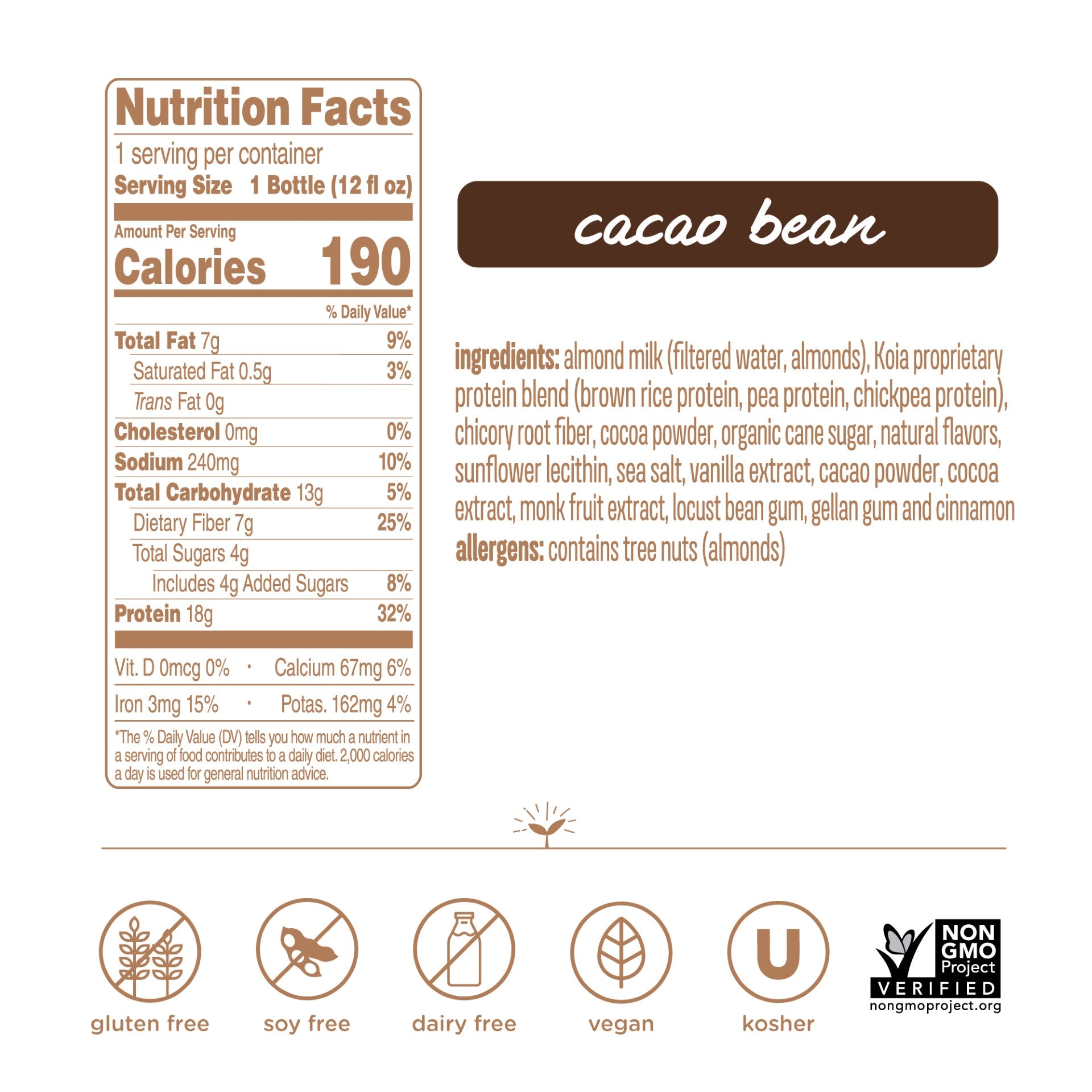 Koia Cacao Bean Protein Drink 1 Each - 6 Per Case.