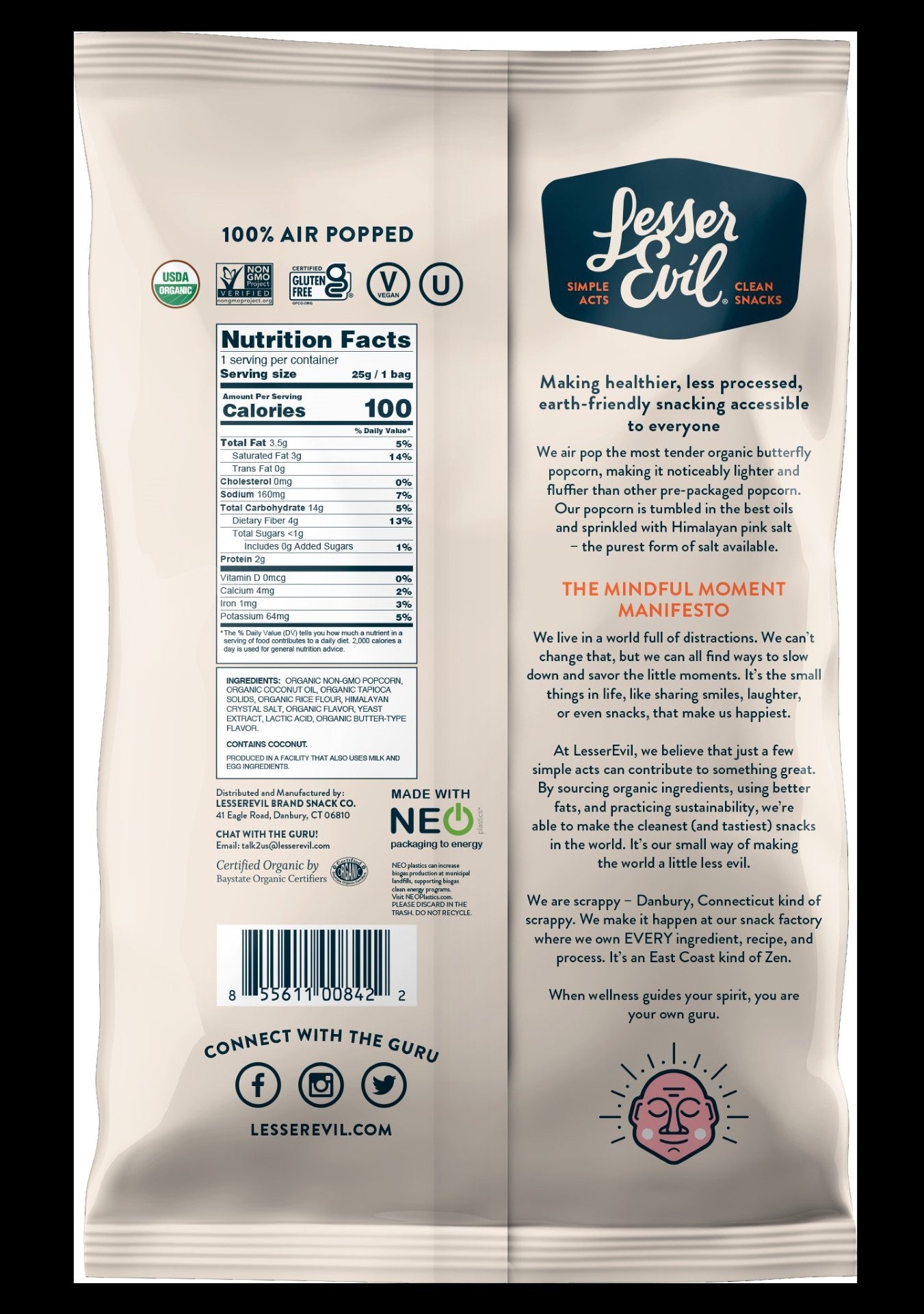 Lesserevil Organic Popcorn No Cheese 0.88 Ounce Size - 18 Per Case.
