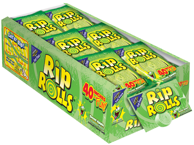 Rip Rolls Green Apple Goods Display Carton 1.4 Ounce Size - 288 Per Case.