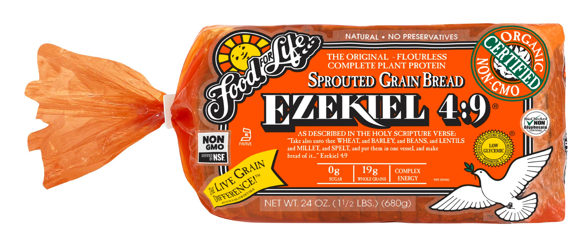 Food For Life Organic Ezekiel Sprouted Whole Grain Bread 24 Ounce Size - 6 Per Case.