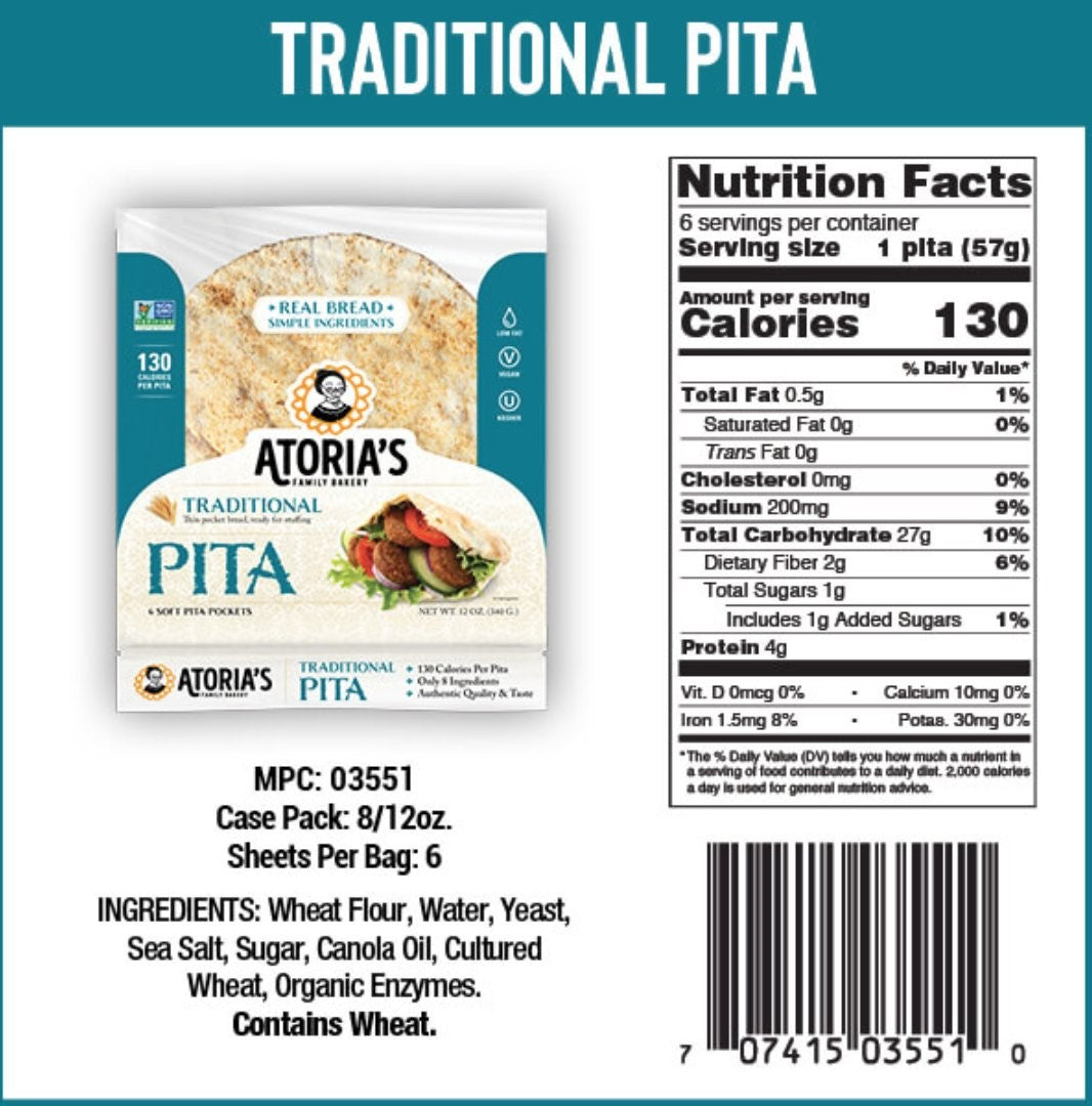 Atoria's Family Traditional Pita Retail 12 Ounce Size - 8 Per Case.