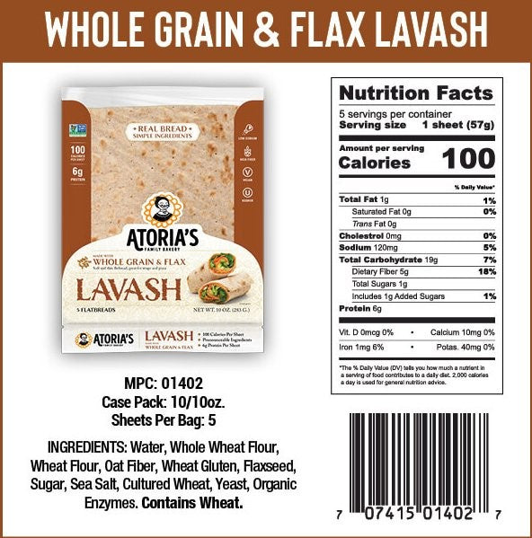 Atoria's Family Whole Grain Lavash Retail 10 Ounce Size - 10 Per Case.