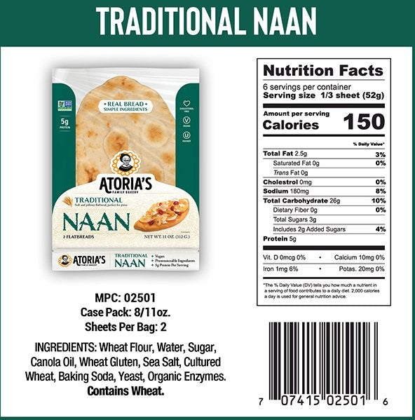 Atoria's Family Traditional Naan Retail 11 Ounce Size - 8 Per Case.