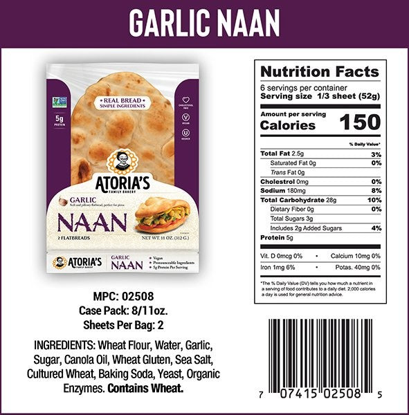 Atoria's Family Garlic Naan Retail 11 Ounce Size - 8 Per Case.