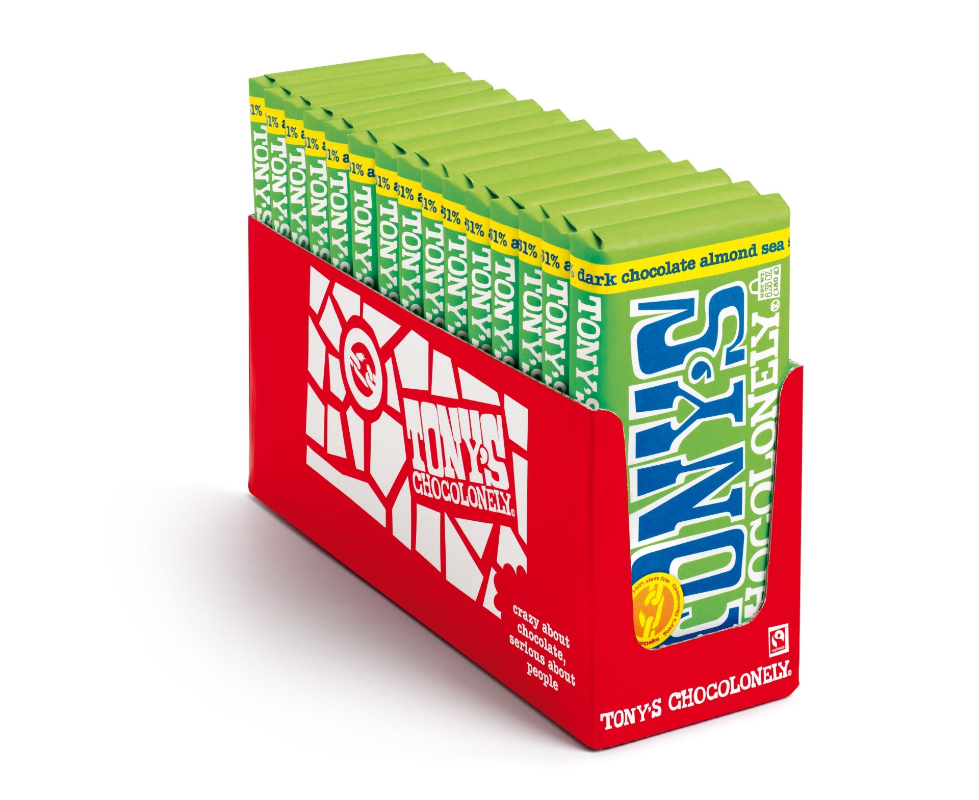Tony's Chocolonely Dark Chocolate Bar With Almonds & Sea Salt 6.35 Ounce Size - 15 Per Case.