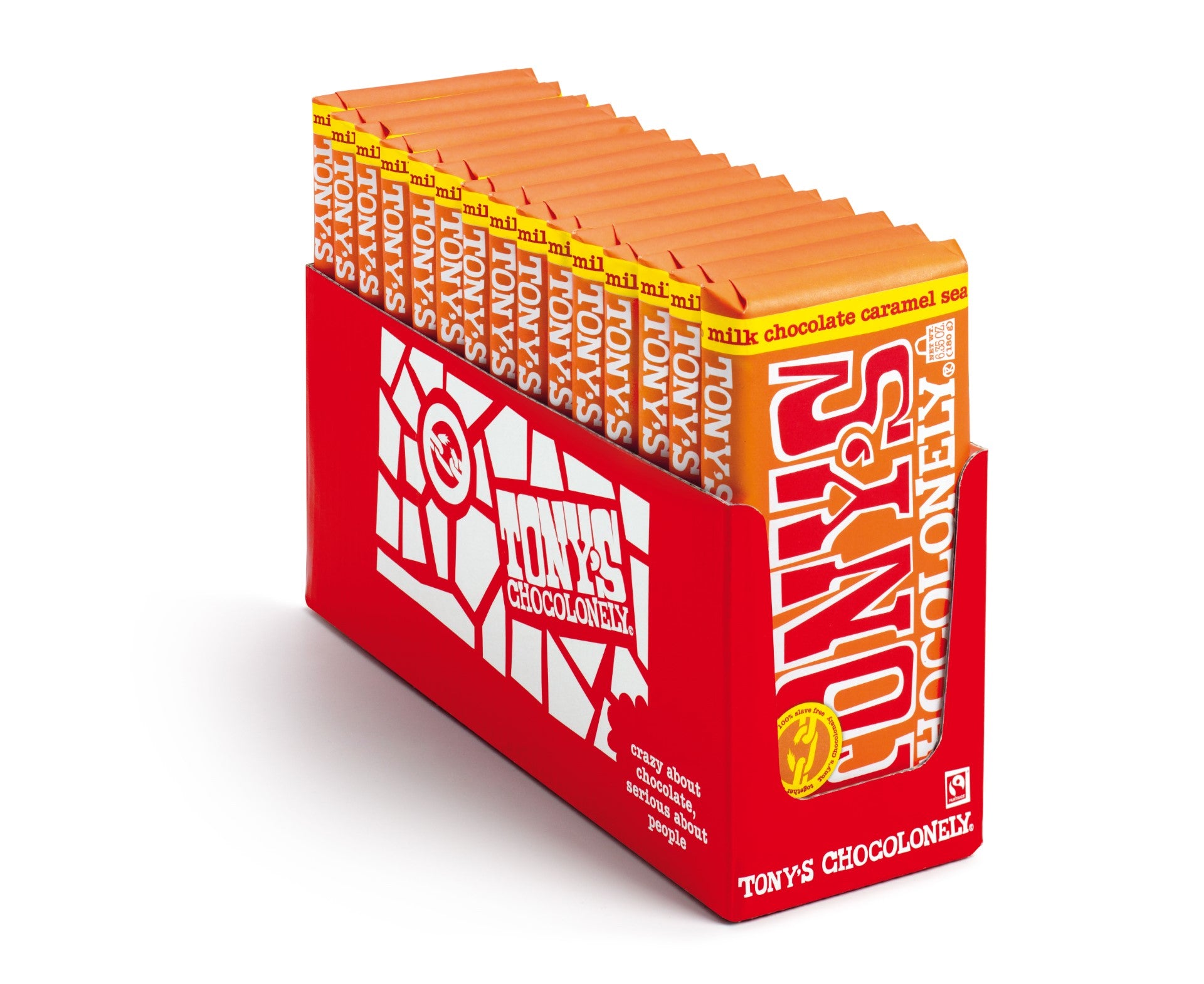 Tony's Chocolonely Milk Caramel Sea Salt 6.35 Ounce Size - 15 Per Case.