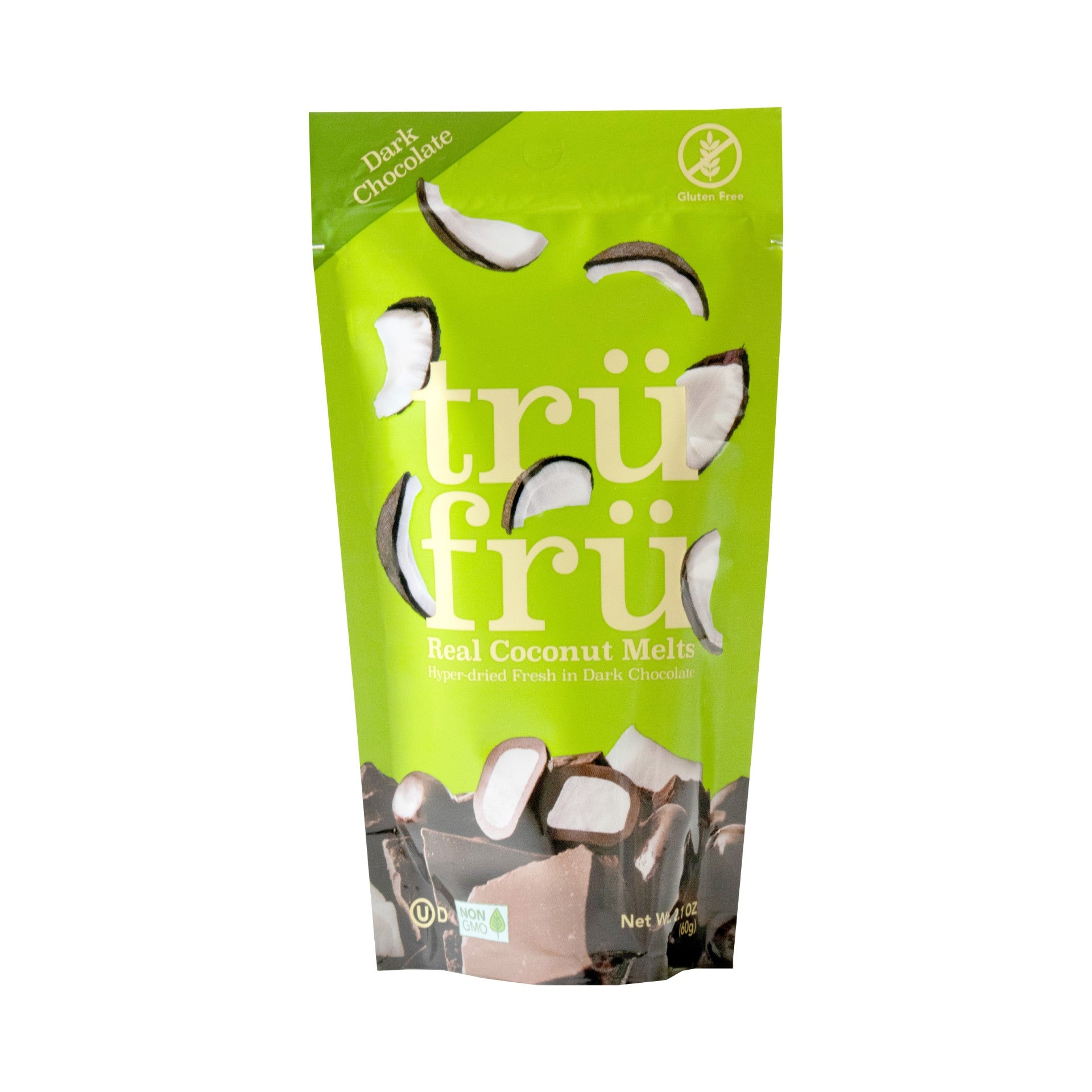 Tru Fru Hyper Dried Grab & Go Hyper Dried Coconut Melts In Dark Chocolate 2.1 Ounce Size - 12 Per Case.