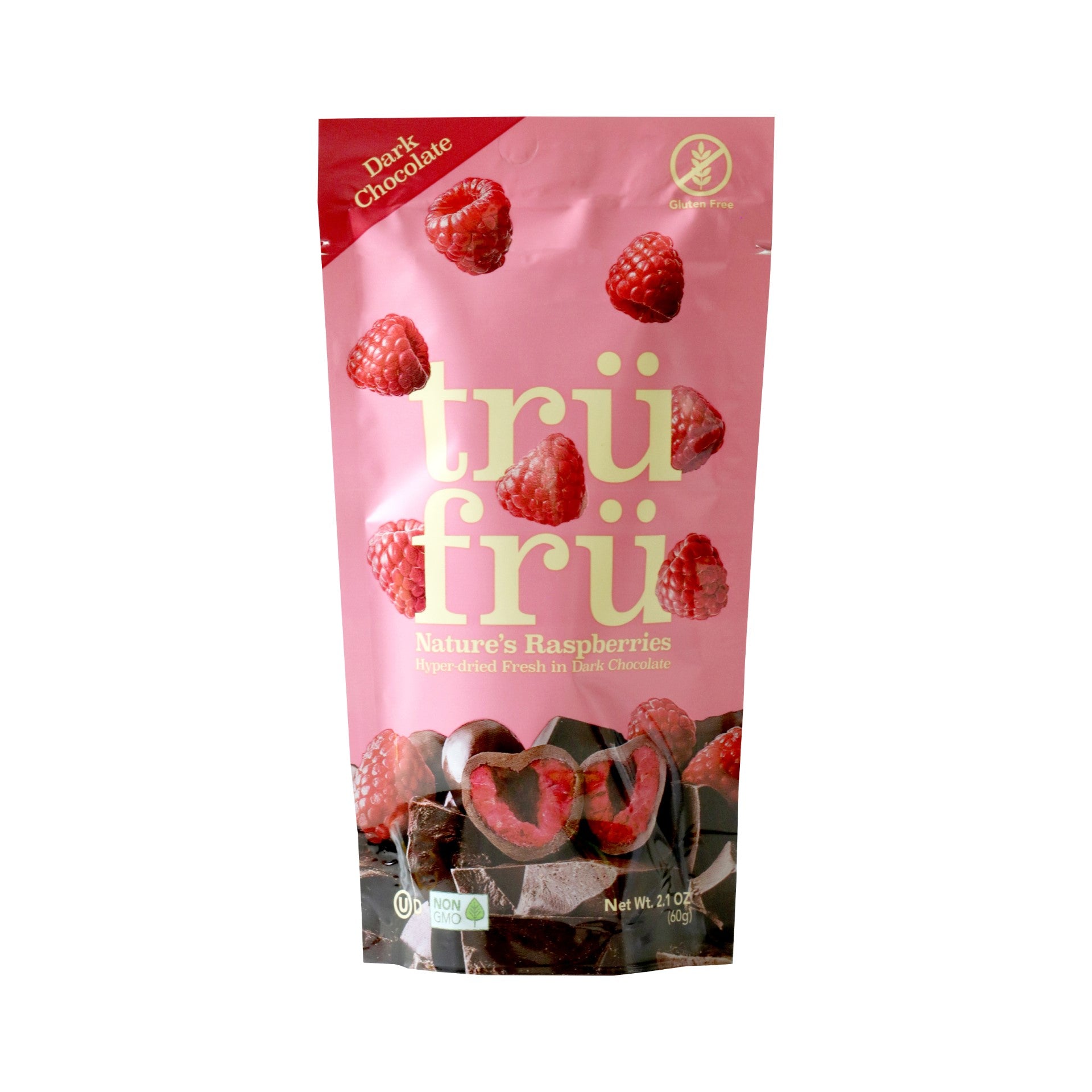 Tru Fru Hyper Dried Grab & Go Hyper Dried Real Raspberry In Dark Chocolate 2.1 Ounce Size - 12 Per Case.