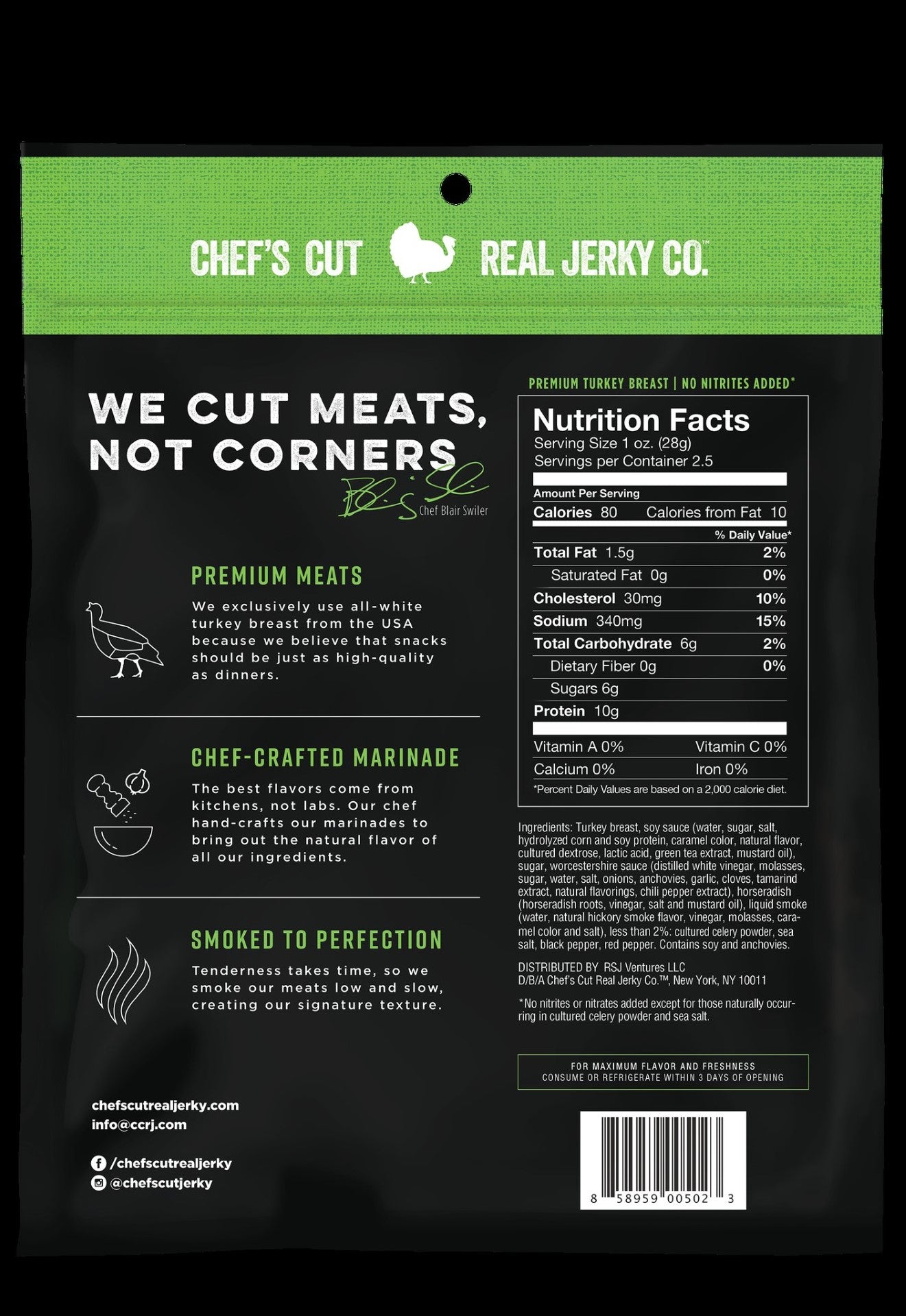 Chef's Cut Real Jerky Co Smoked Turkey Breast Teriyaki 2.5 Ounce Size - 8 Per Case.