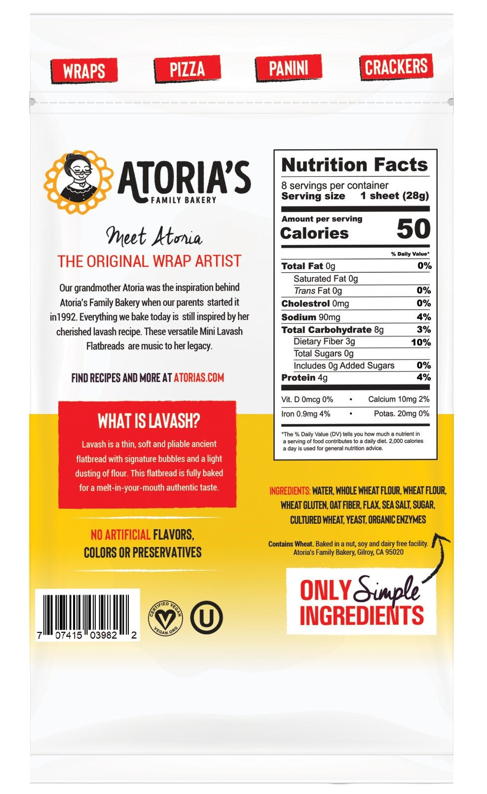 Atoria's Family Mini Whole Grain & Flax Lavash 8 Ounce Size - 8 Per Case.