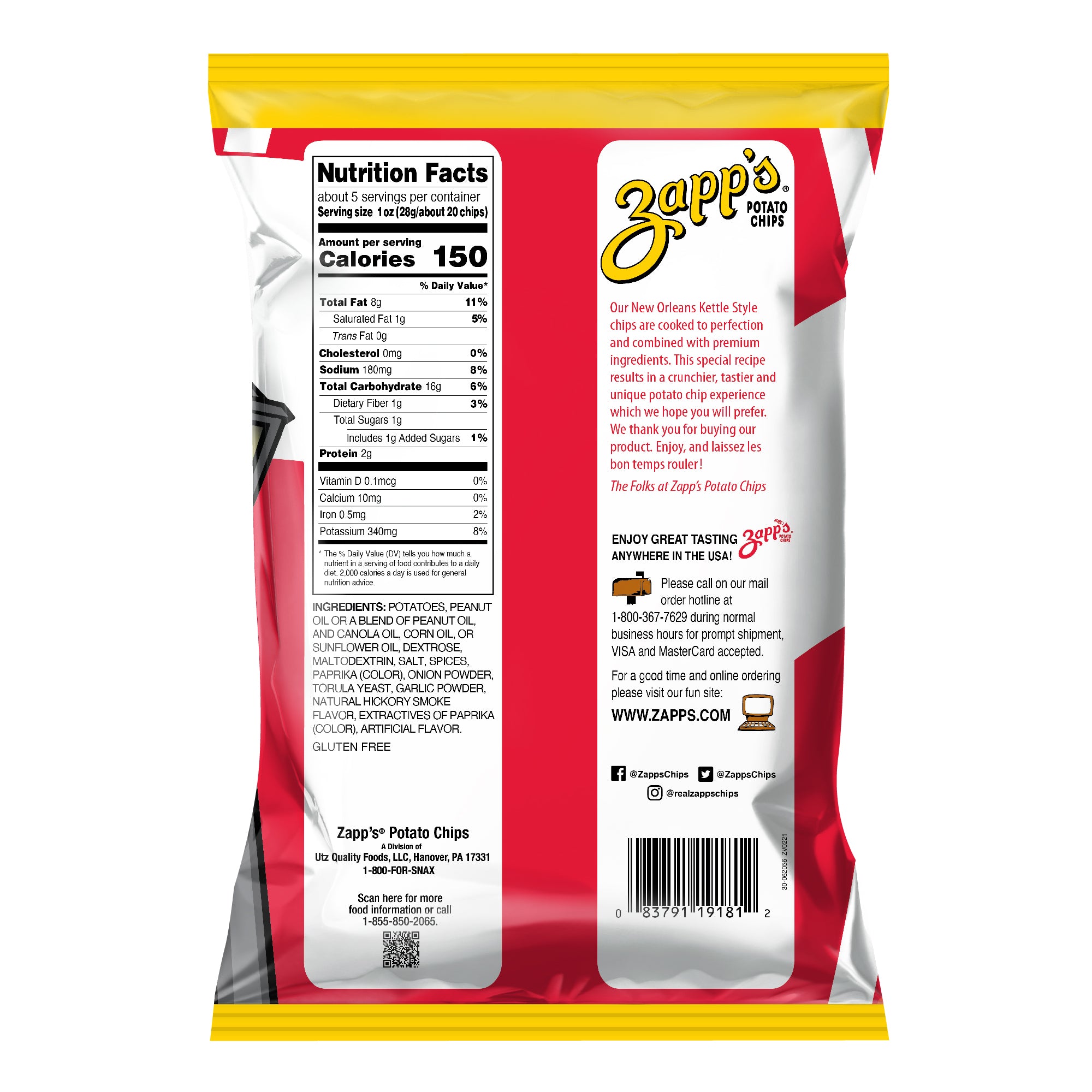 Zapp's Potato Chips Crawtator Kettle Chips 4.75 Ounce Size - 12 Per Case.