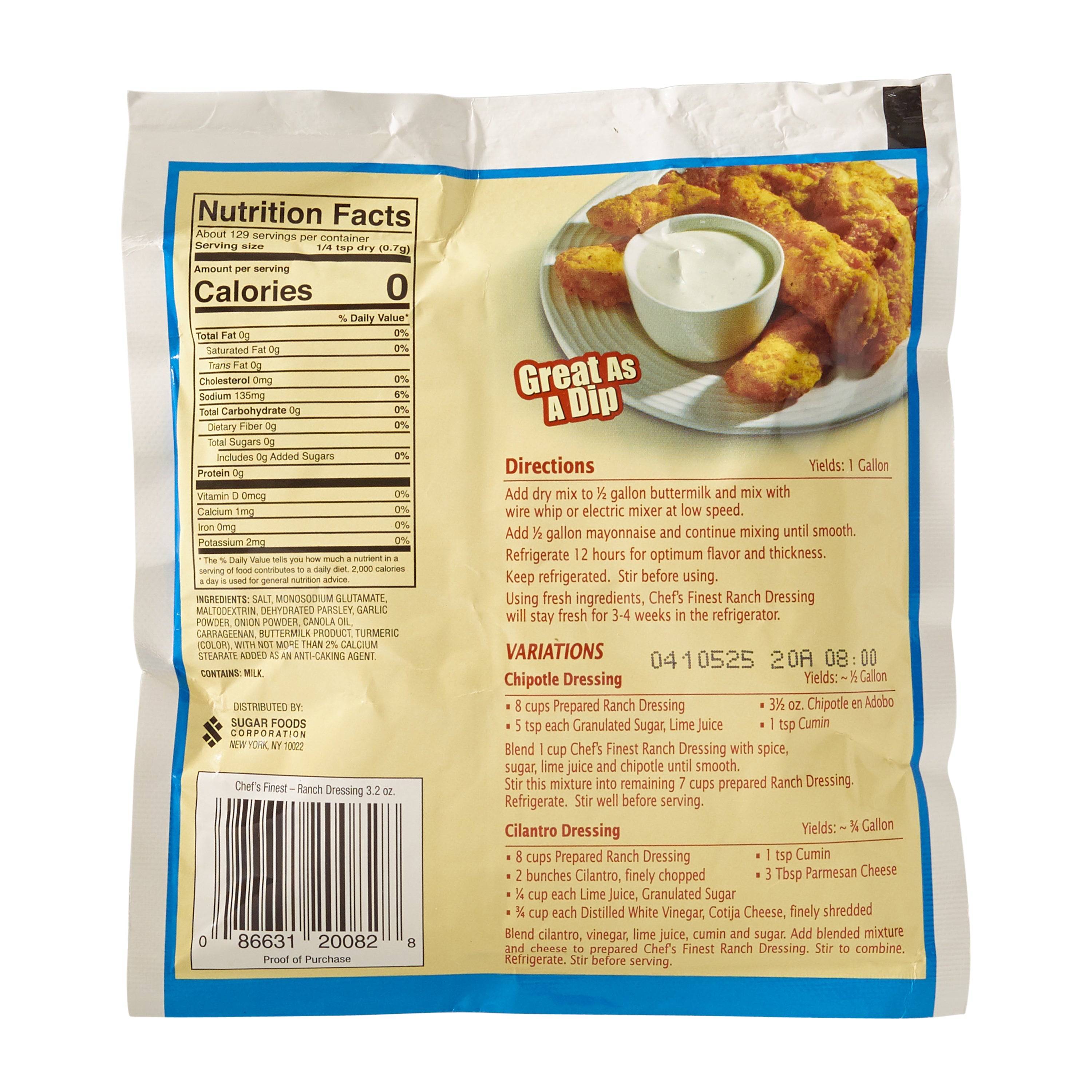 Chef's Finest Dry Ranch Dressing Mix 3.2 Ounce Size - 18 Per Case.