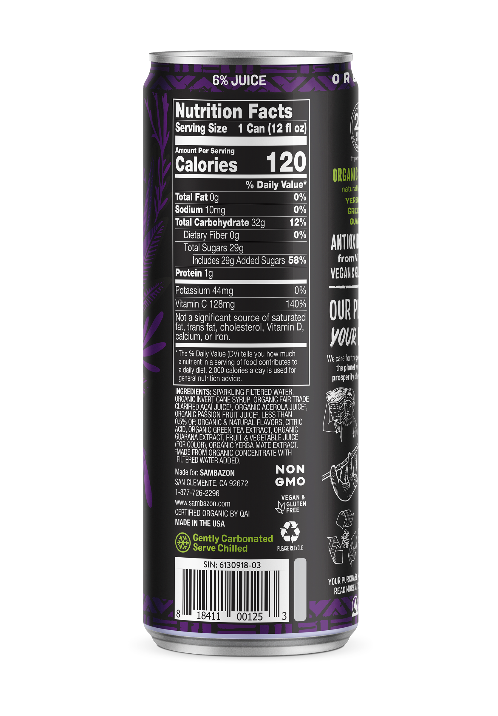 Sambazon Jungle Love Amazon Energy Acai Berry Passionfruit Energy Drink Organic 12 Fluid Ounce - 12 Per Case.