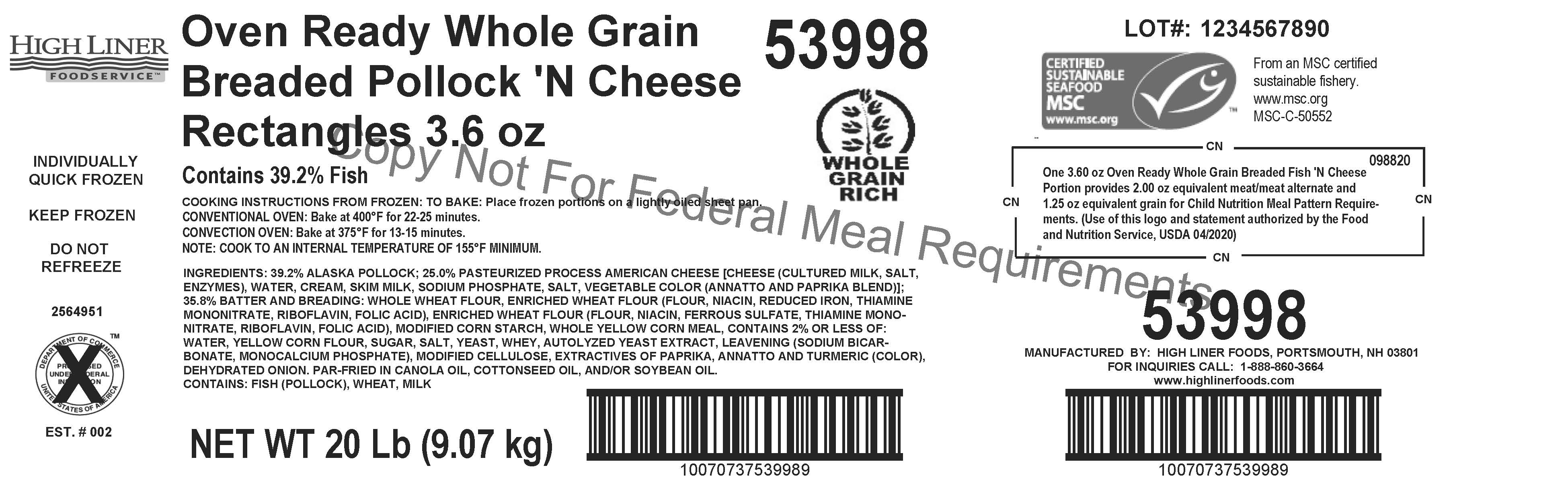 Oven Ready Whole Grain Breaded Pollock 'n Cheese Rectangles Msc 20 Pound Each - 1 Per Case.
