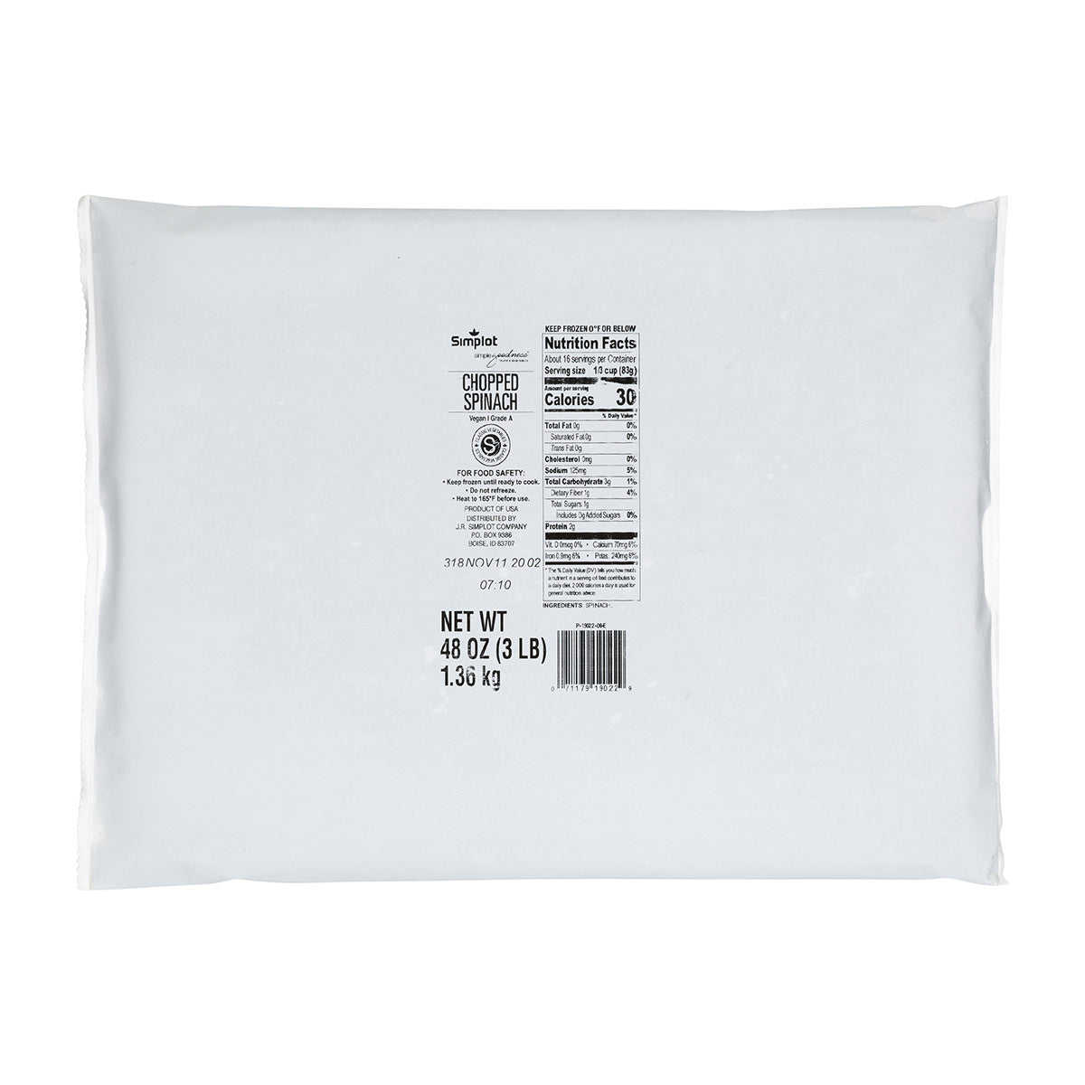 Simplot Simple Goodness Classic Vegetables Chopped Spinach Wet Pack 3 Pound Each - 12 Per Case.