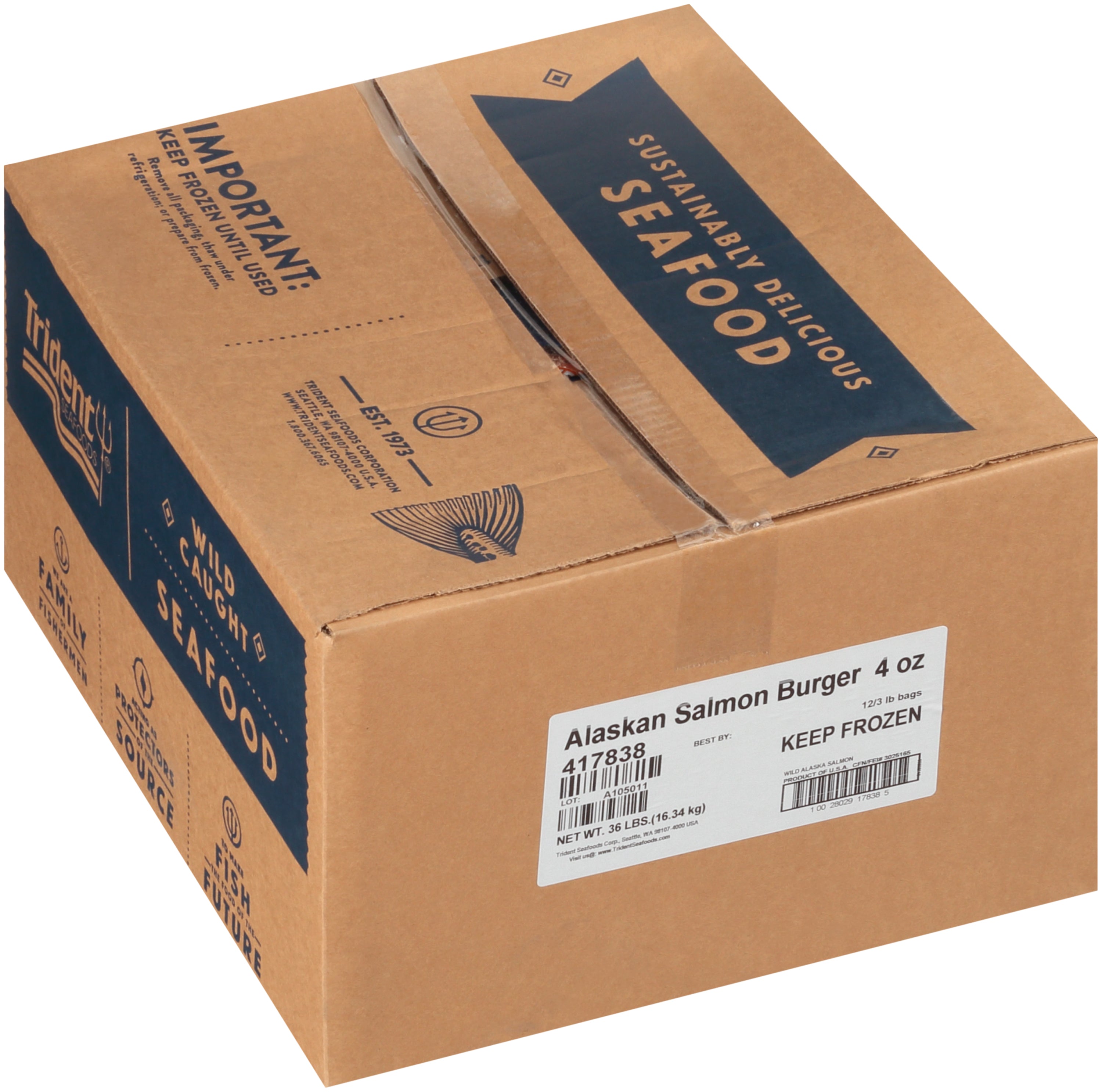 Trident Seafoods 4 Ounce Boneless Skinless Parfried Alaskan Salmon Burger 3 Pound Each - 12 Per Case.