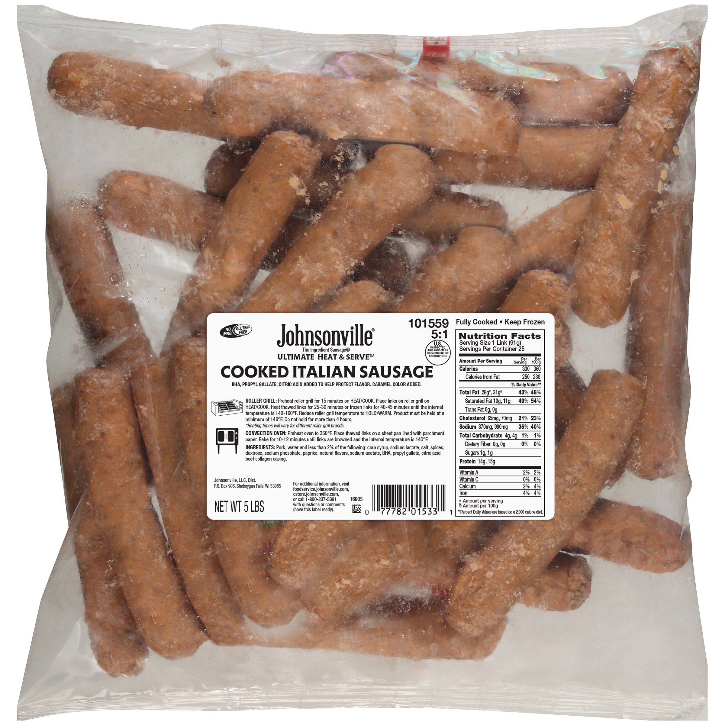 Johnsonville Cooked Heat & Serve Ultimate Italian Pork Sausage Links Pound Bagctcase Foo 5 Pound Each - 2 Per Case.