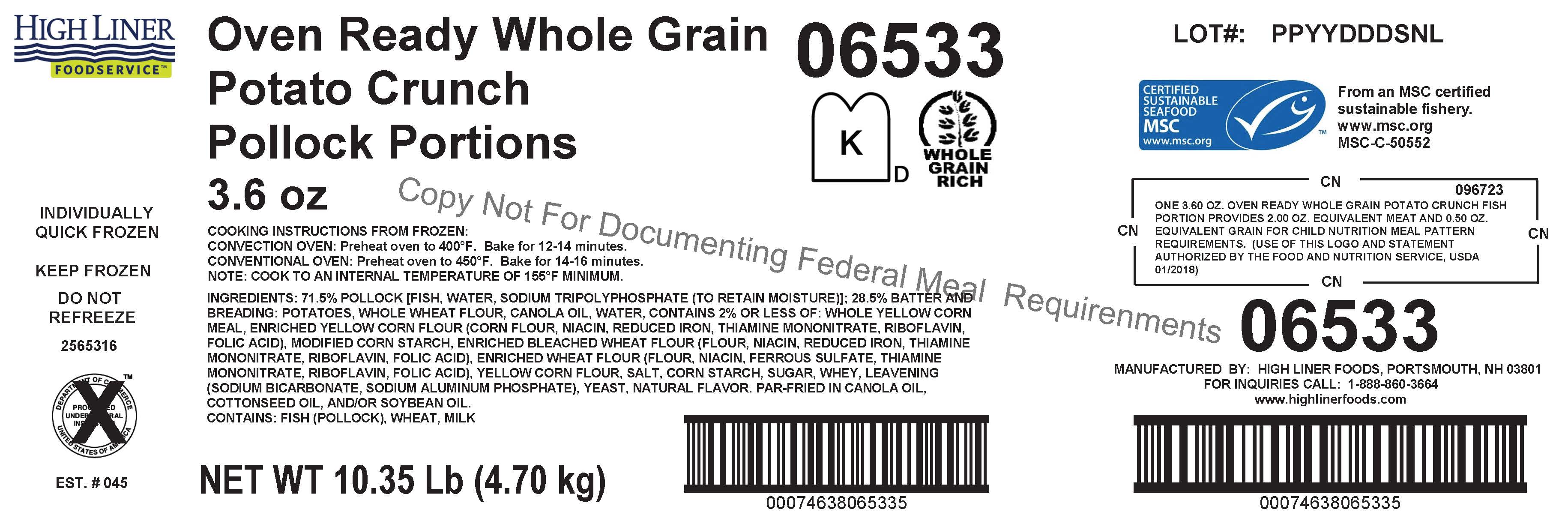 Oven Ready Whole Grain Potato Crunch Pollock Portions Koshercn Msc 10.35 Pound Each - 1 Per Case.