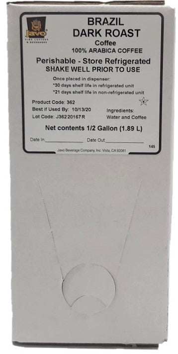 Javo Beverage Brazil Blend Dark Roast Bag Inbox 0.5 Gallon - 2 Per Case.