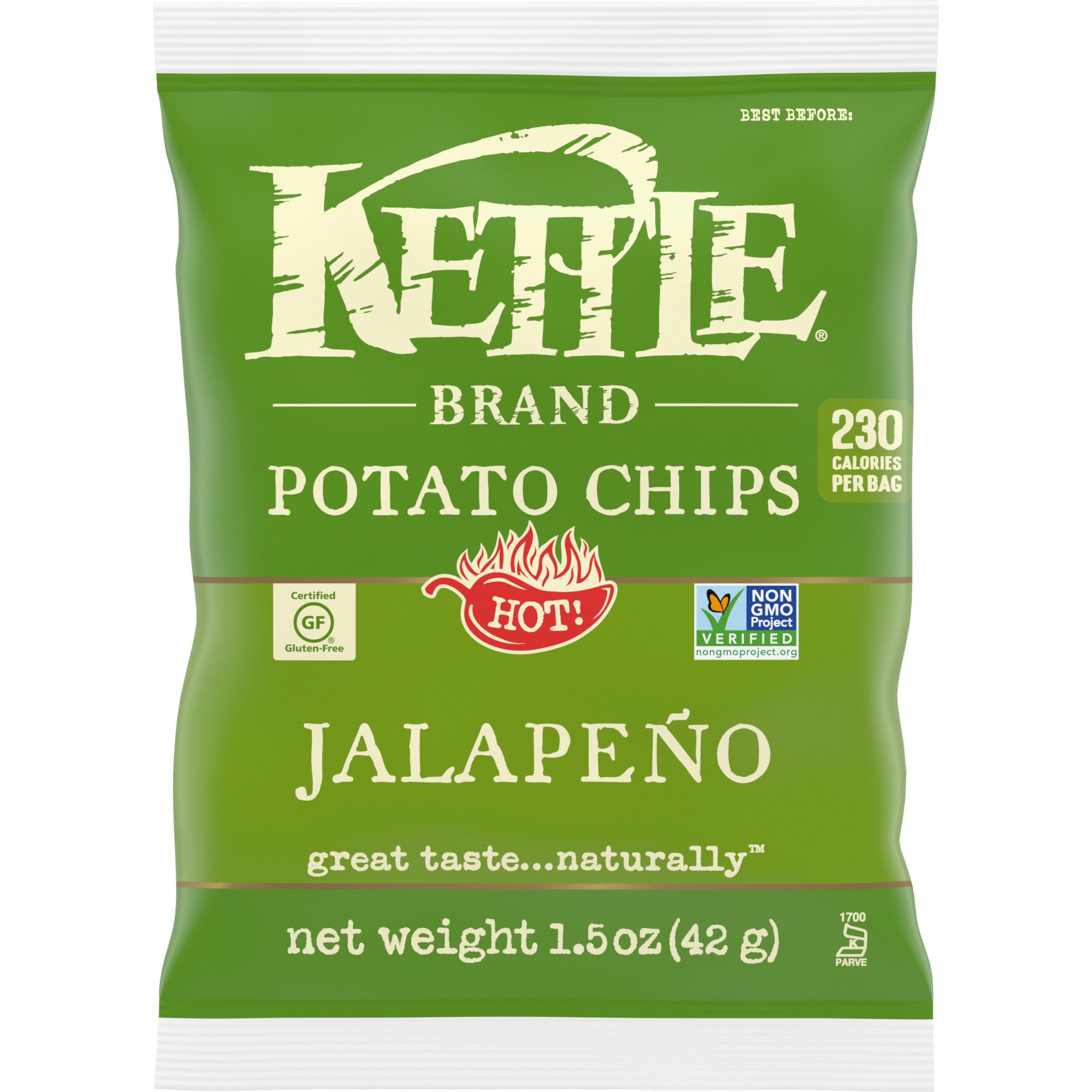 Kettle Brand Potato Chips Jalapeno Kettle Chips Snack Bag 1.5 Ounce Size - 24 Per Case.
