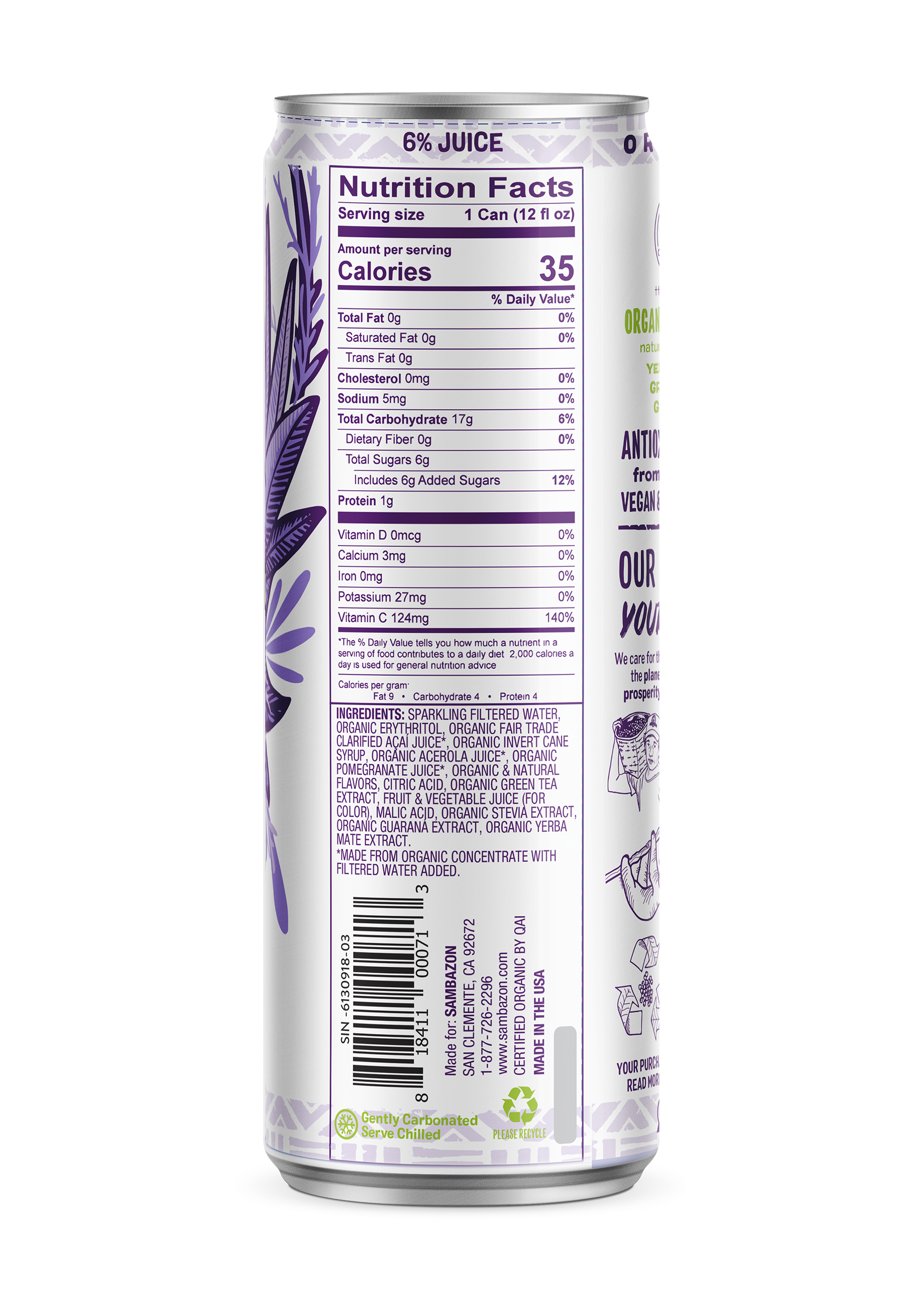 Sambazon Lo Cal Amazon Energy Acai Berry Pomegranate Energy Drink Organic 12 Fluid Ounce - 12 Per Case.