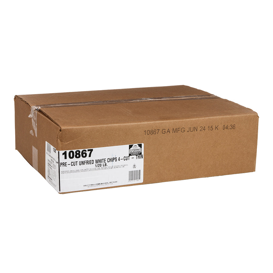 Mission Pre-Cut Unfried White Chips Cut Thin 20 Pound Each - 1 Per Case.