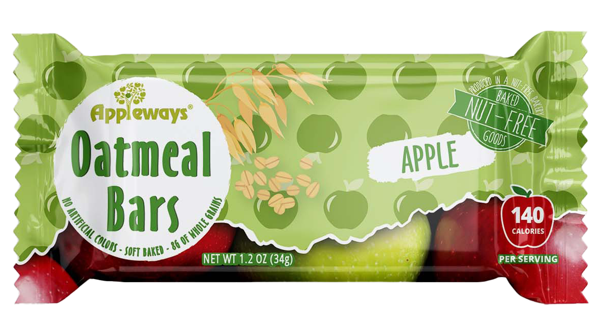 Appleways Whole Grain Soft Oatmeal Apple Bars Individually Wrapped 1 Count Packs - 216 Per Case.