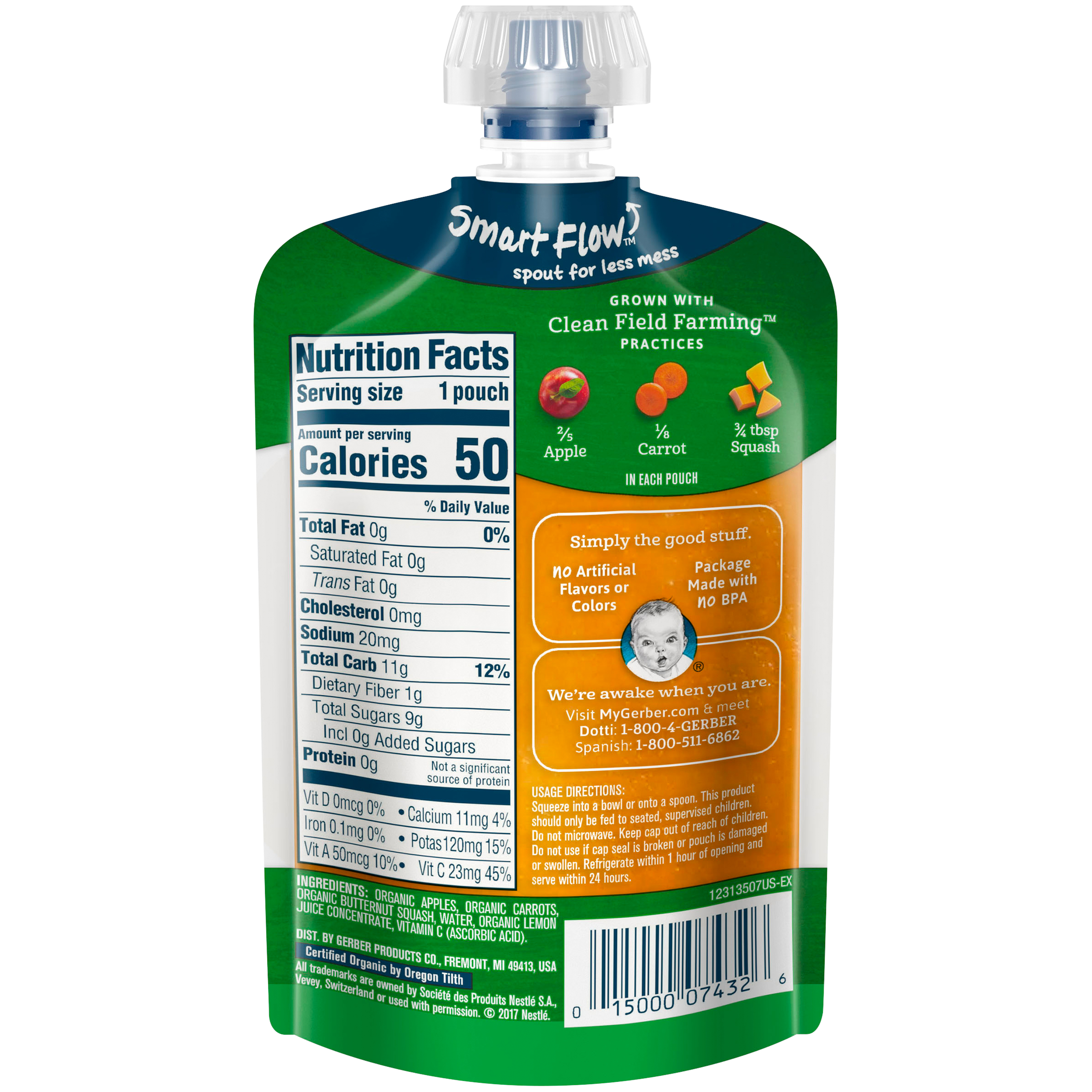 Gerber 2nd Foods Organic Apple Carrot Squash Baby Food Pouch, 3.5 Ounce Size, 6 Per Box - 2 Boxes Per Case.