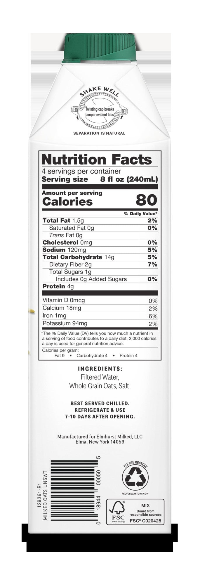 Elmhurst Milked Milked Unsweetened Oats 32 Fluid Ounce - 6 Per Case.