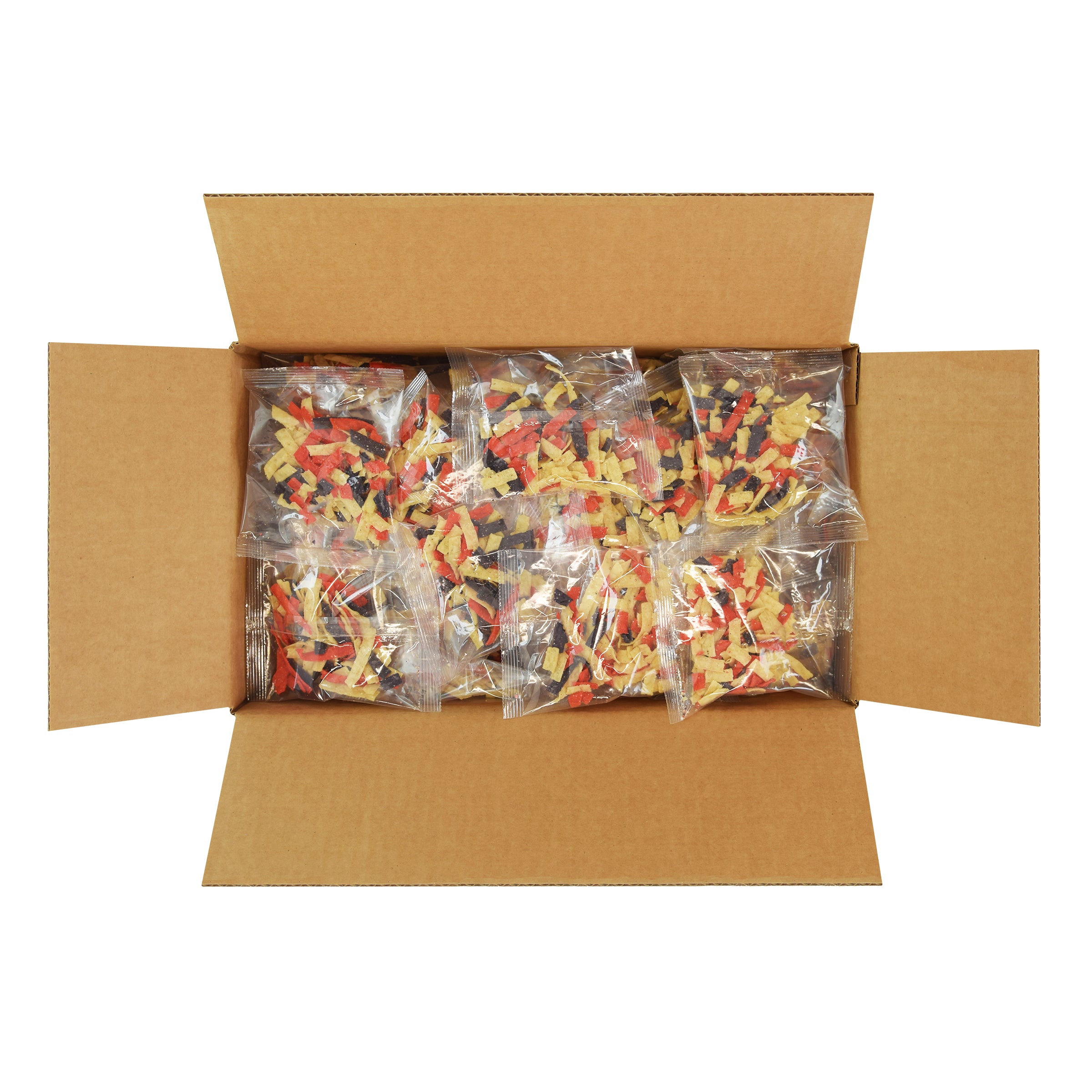 Fresh Gourmet Tri-Color Tortilla Strips 0.5 Ounce Size - 140 Per Case.
