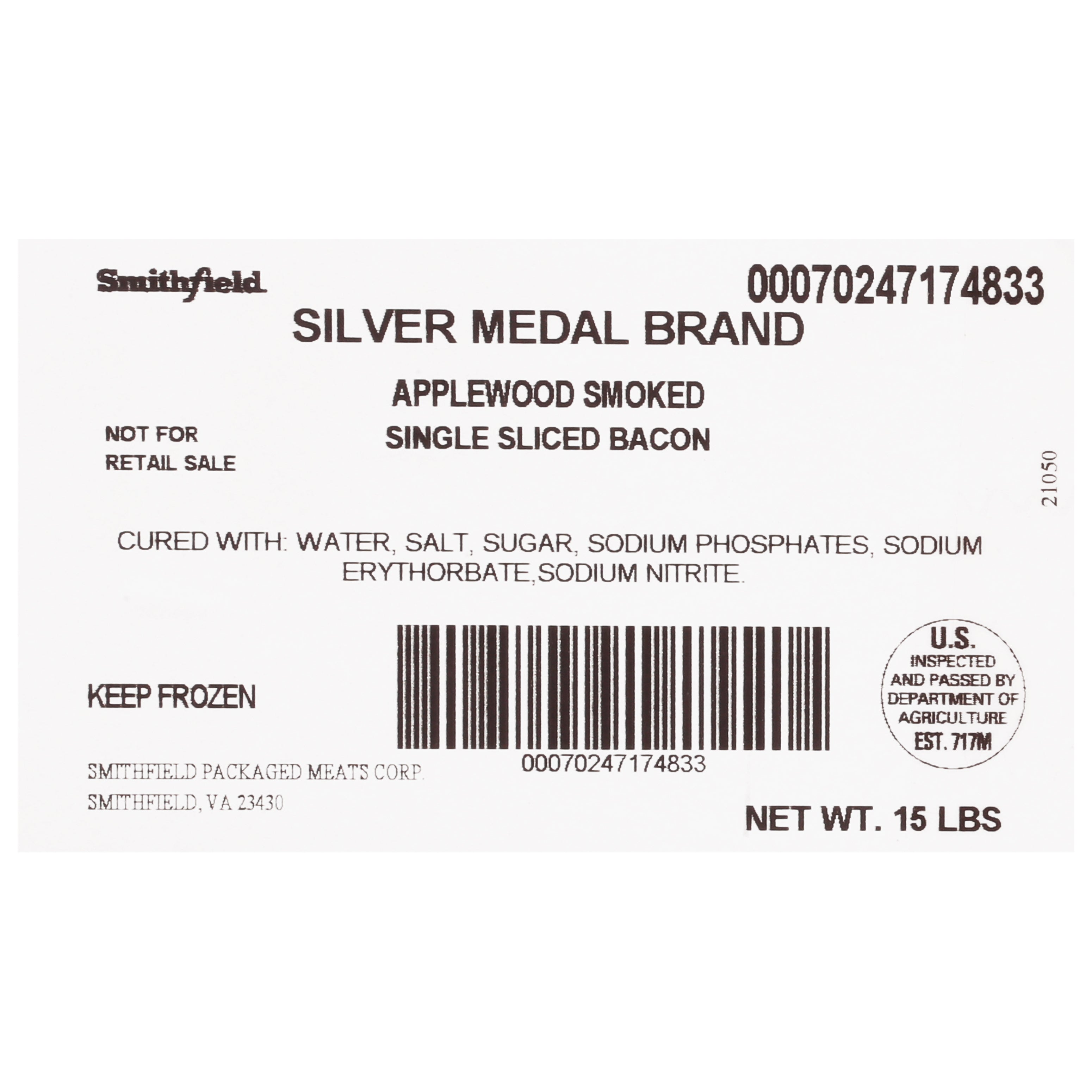 Bacon Applewood Smoked Silver Medal Single Slice 15 Pound Each - 1 Per Case.