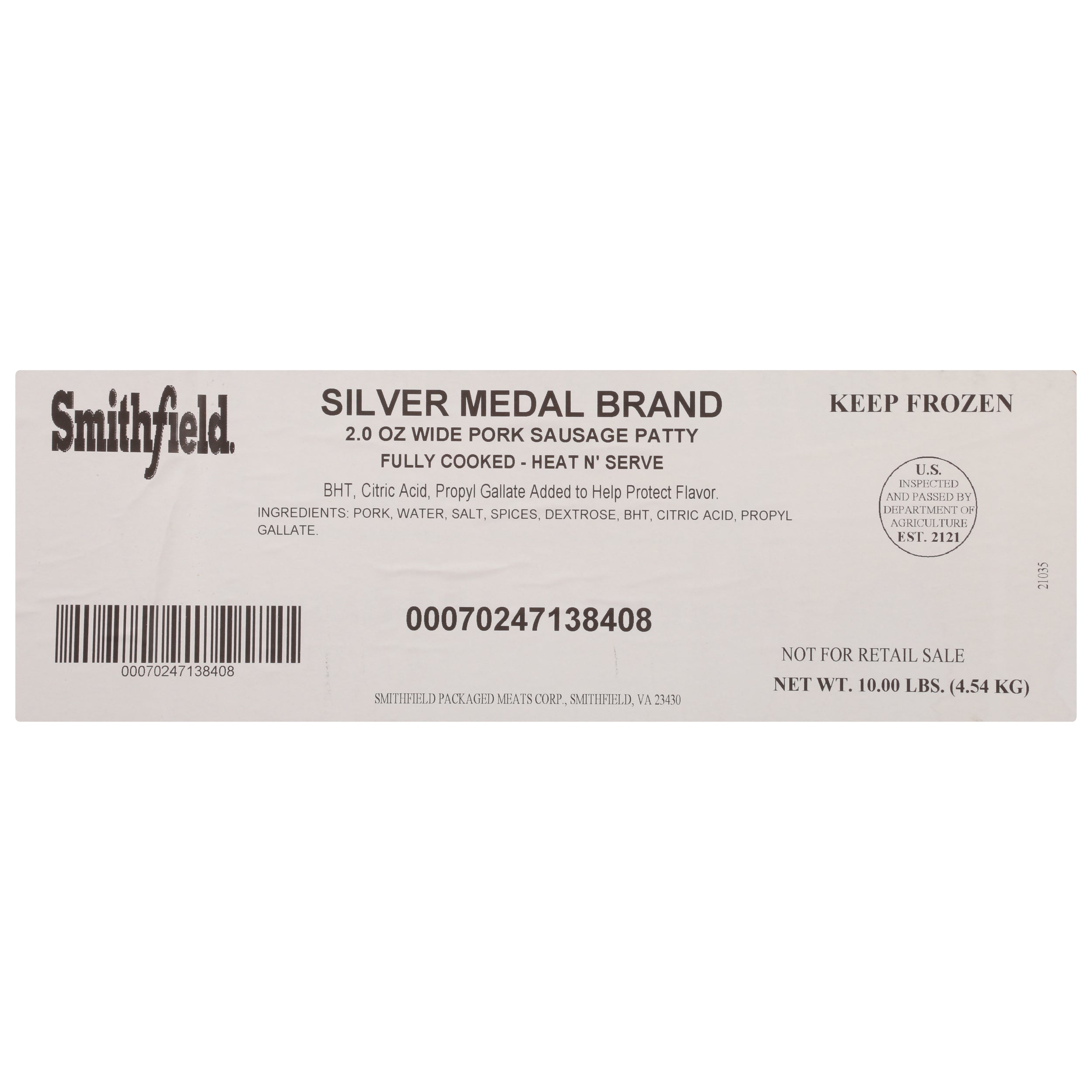 Sausage Patty Fully Cooked Silver Medal Wide 10 Pound Each - 1 Per Case.