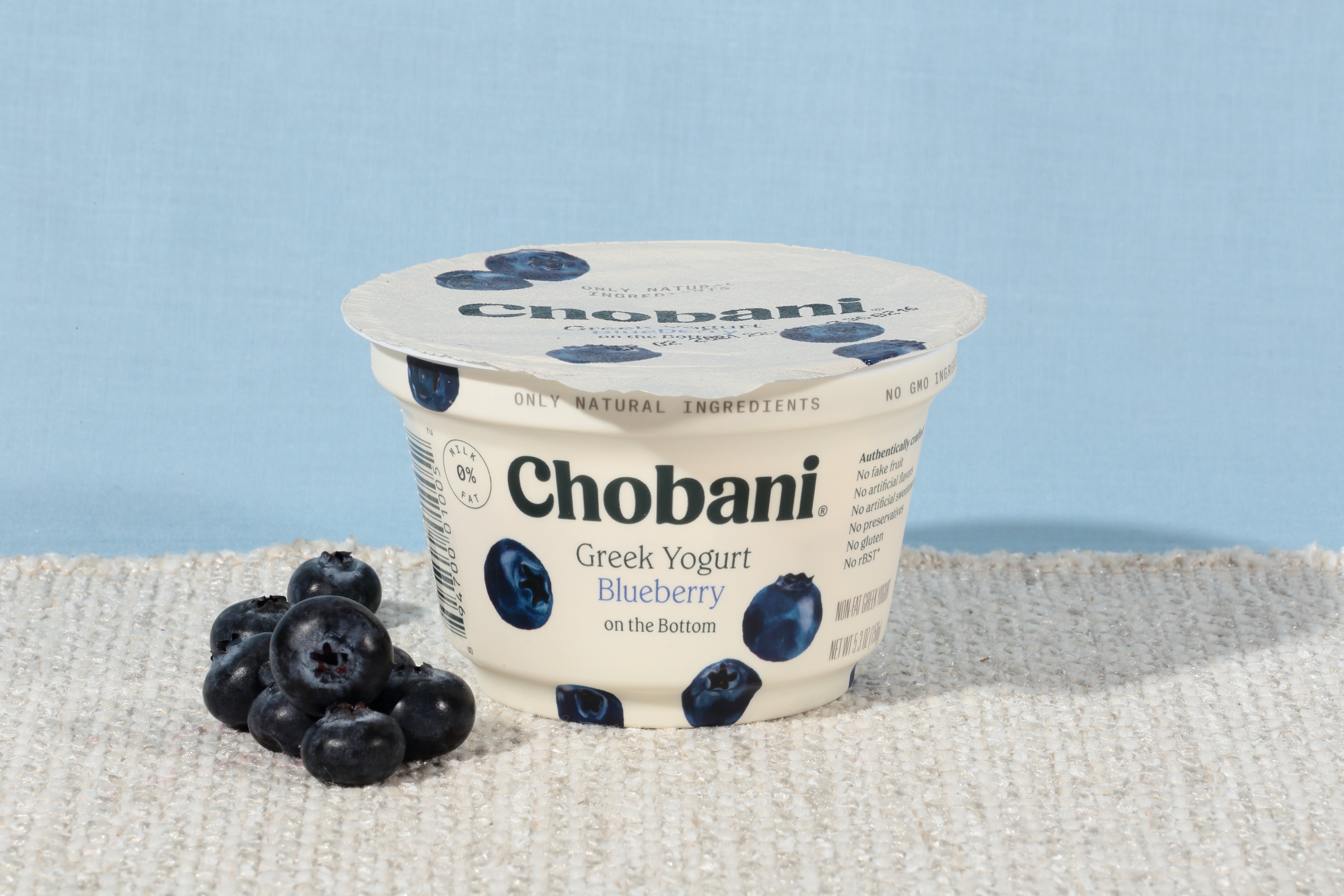 Chobani® Non Fat Greek Yogurt Blueberry Onthe Bottom 5.3 Ounce Size - 12 Per Case.